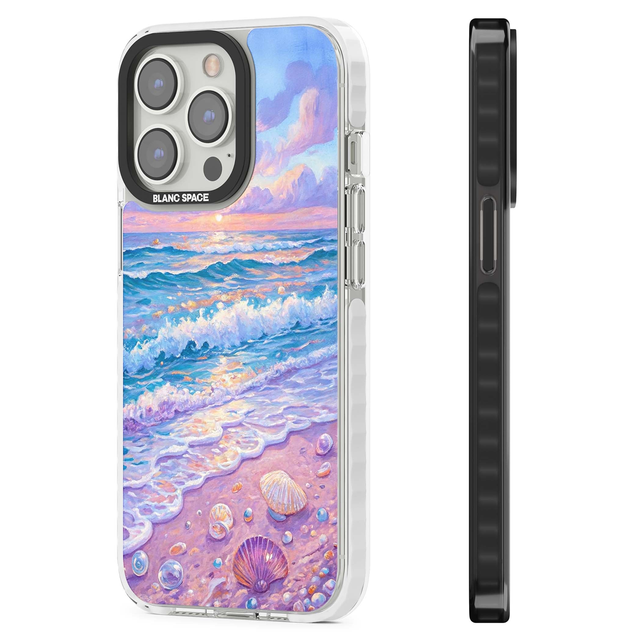 Pearl Shore coastal iPhone case featuring pastel painted waves, seashells, and a sunrise sky over a lavender beach. | Clear Impact case for iPhone 13 Pro, iPhone 14 Pro, iPhone 15 Pro