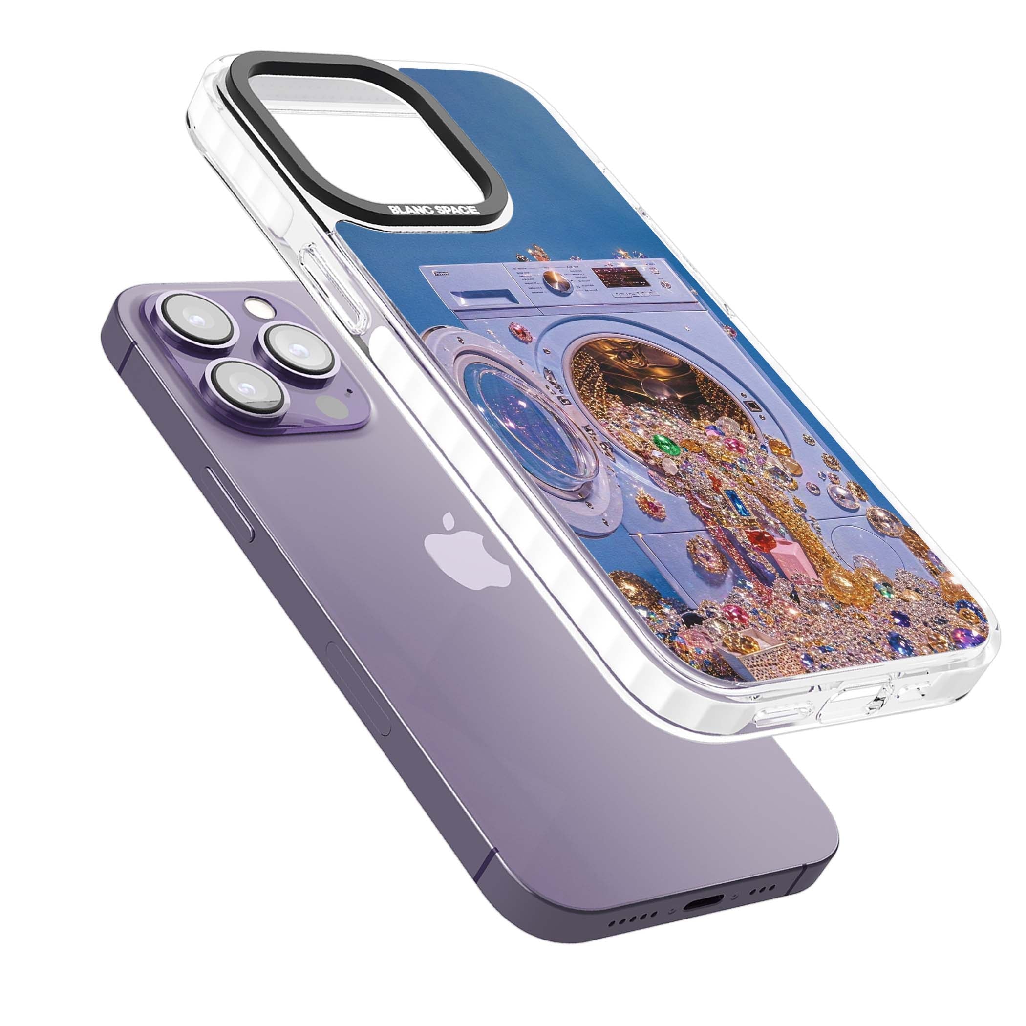 Gem Laundry baddie iPhone case featuring a surreal washing machine overflowing with colourful gemstones and crystals | Clear Impact case for iPhone 13 Pro, iPhone 14 Pro, iPhone 15 Pro