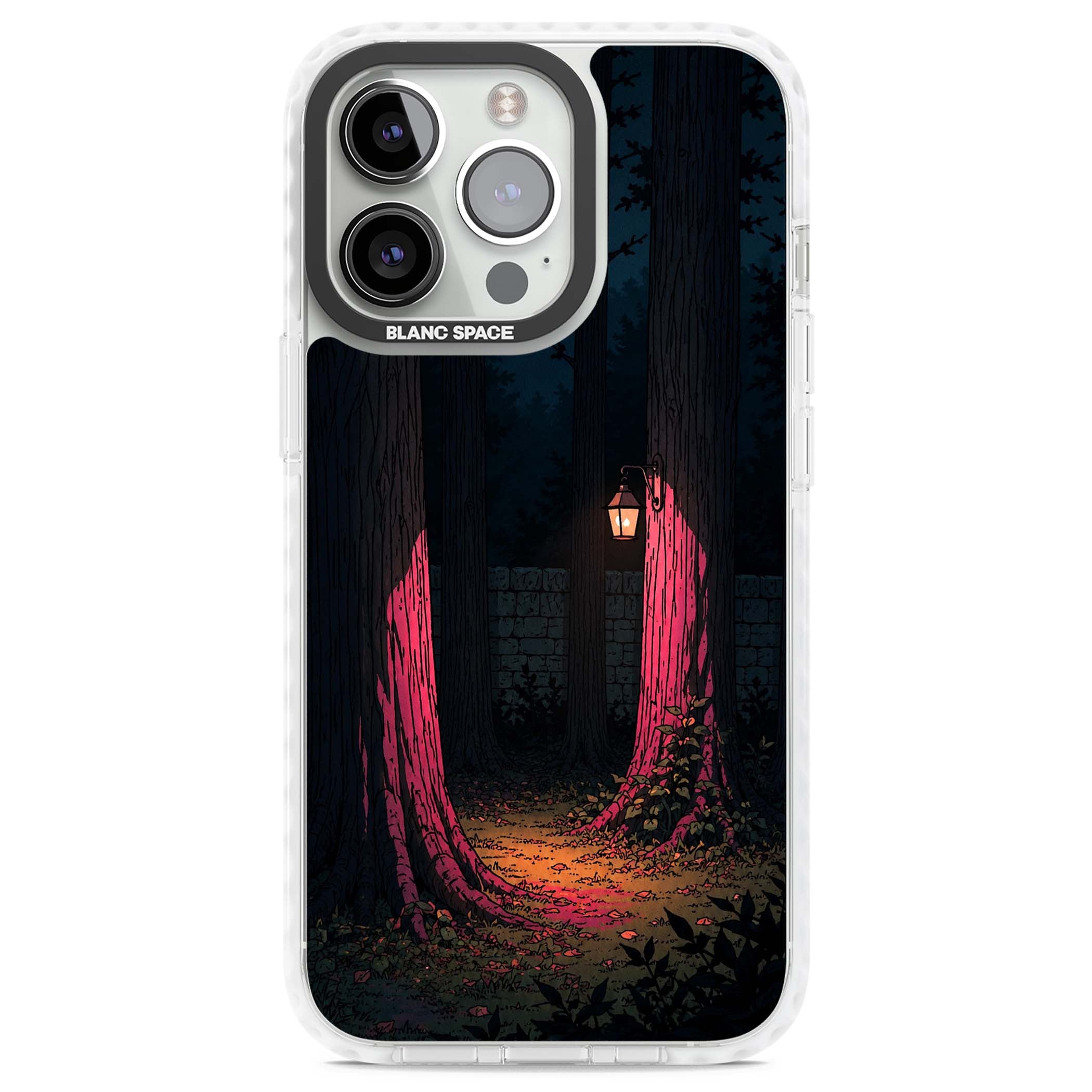 Forest Lantern dark academia iPhone case featuring a moonlit forest, glowing lantern, and stone wall pathway | Clear Impact case for iPhone 13 Pro, iPhone 14 Pro, iPhone 15 Pro