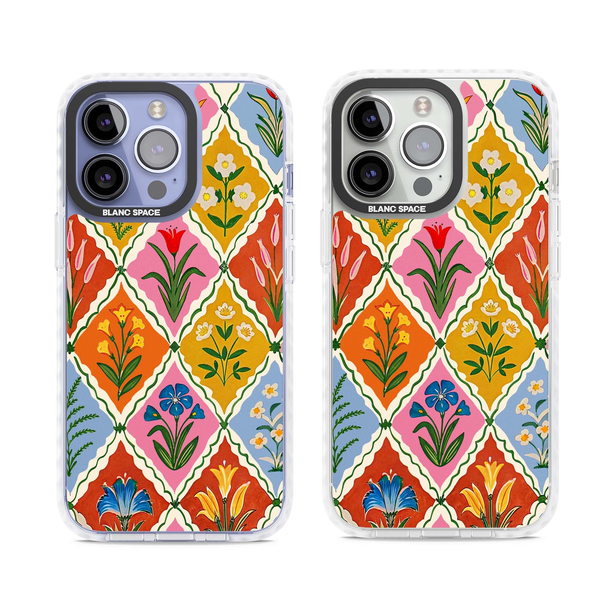 Floral Quilt boho floral iPhone case featuring diamond lattice pattern, hand-painted tulips and folk art wildflowers | Clear Impact case for iPhone 13 Pro, iPhone 14 Pro, iPhone 15 Pro