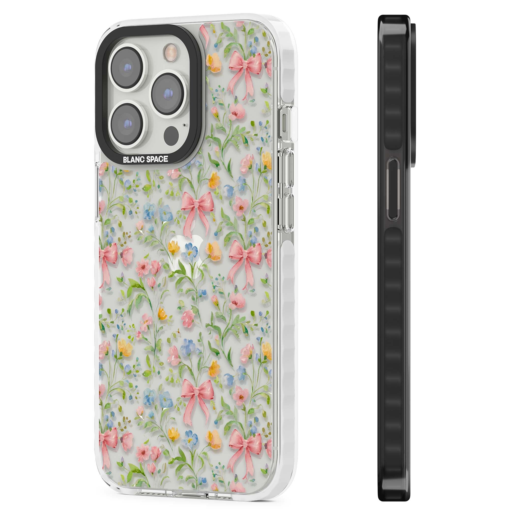 Ribbons & Wildflowers cottagecore iPhone case featuring watercolor wildflowers, pink satin bows, and delicate spring blooms o | Clear Impact case for iPhone 13 Pro, iPhone 14 Pro, iPhone 15 Pro