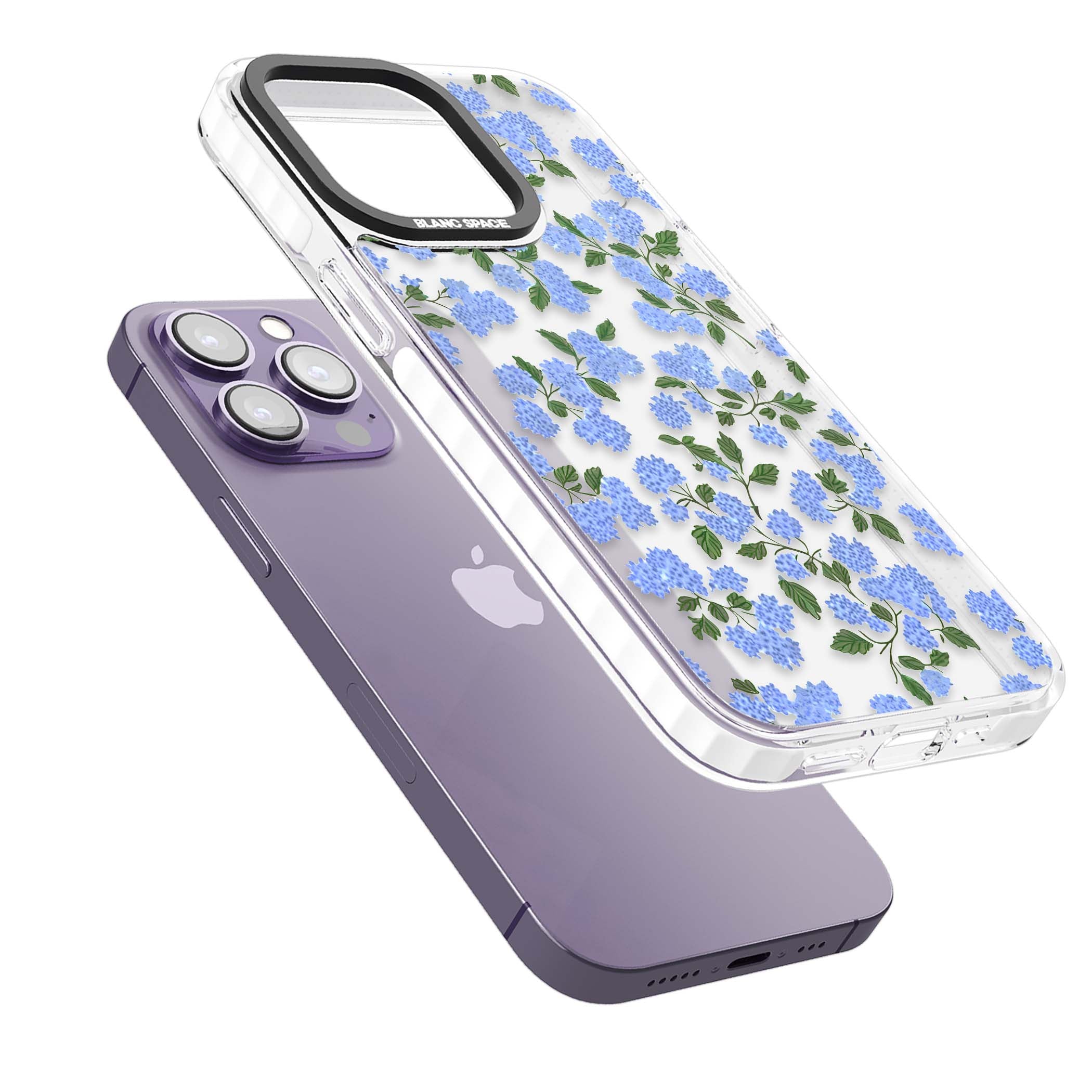 Hydrangea Dreams cottagecore iPhone case featuring soft blue hydrangea flower clusters and green leaves | Clear Impact case for iPhone 13 Pro, iPhone 14 Pro, iPhone 15 Pro