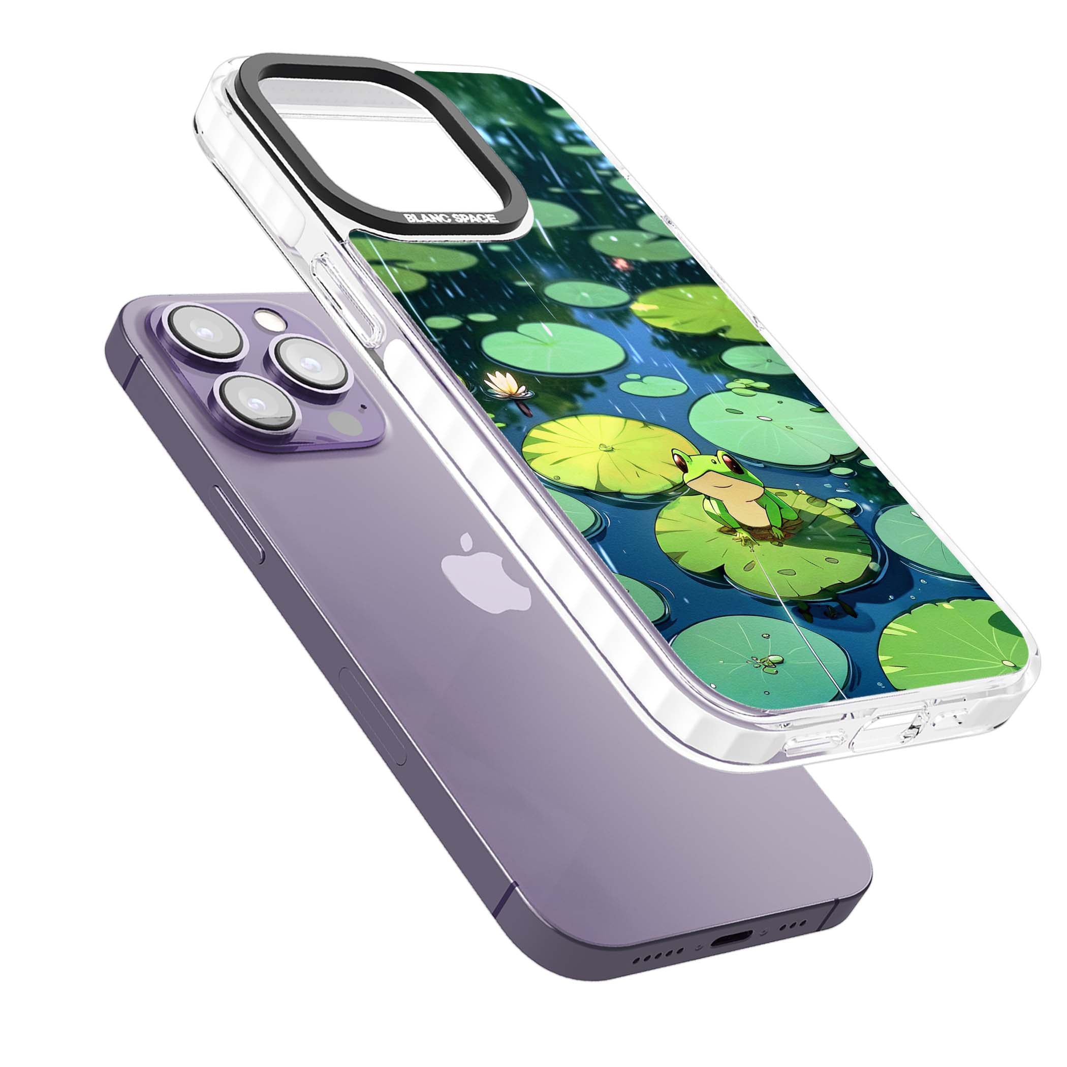 Frog In Lily Pond cottagecore iPhone case featuring a cute green frog on a lily pad with falling rain and a lotus flower | Clear Impact case for iPhone 13 Pro, iPhone 14 Pro, iPhone 15 Pro