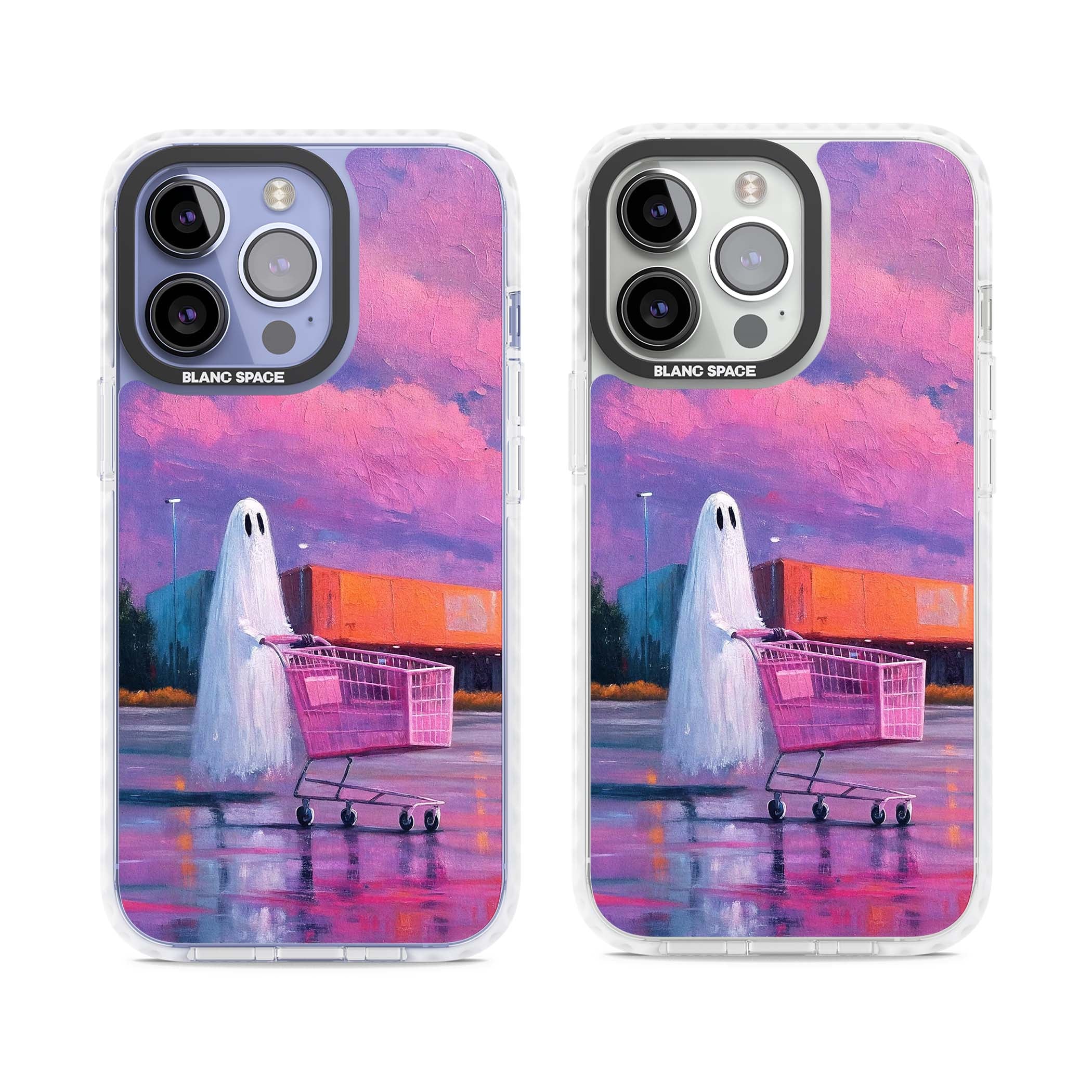 A Ghost's Errand ghost halloween iPhone case featuring a painted ghost, pink shopping trolley and purple sunset sky | Clear Impact case for iPhone 13 Pro, iPhone 14 Pro, iPhone 15 Pro