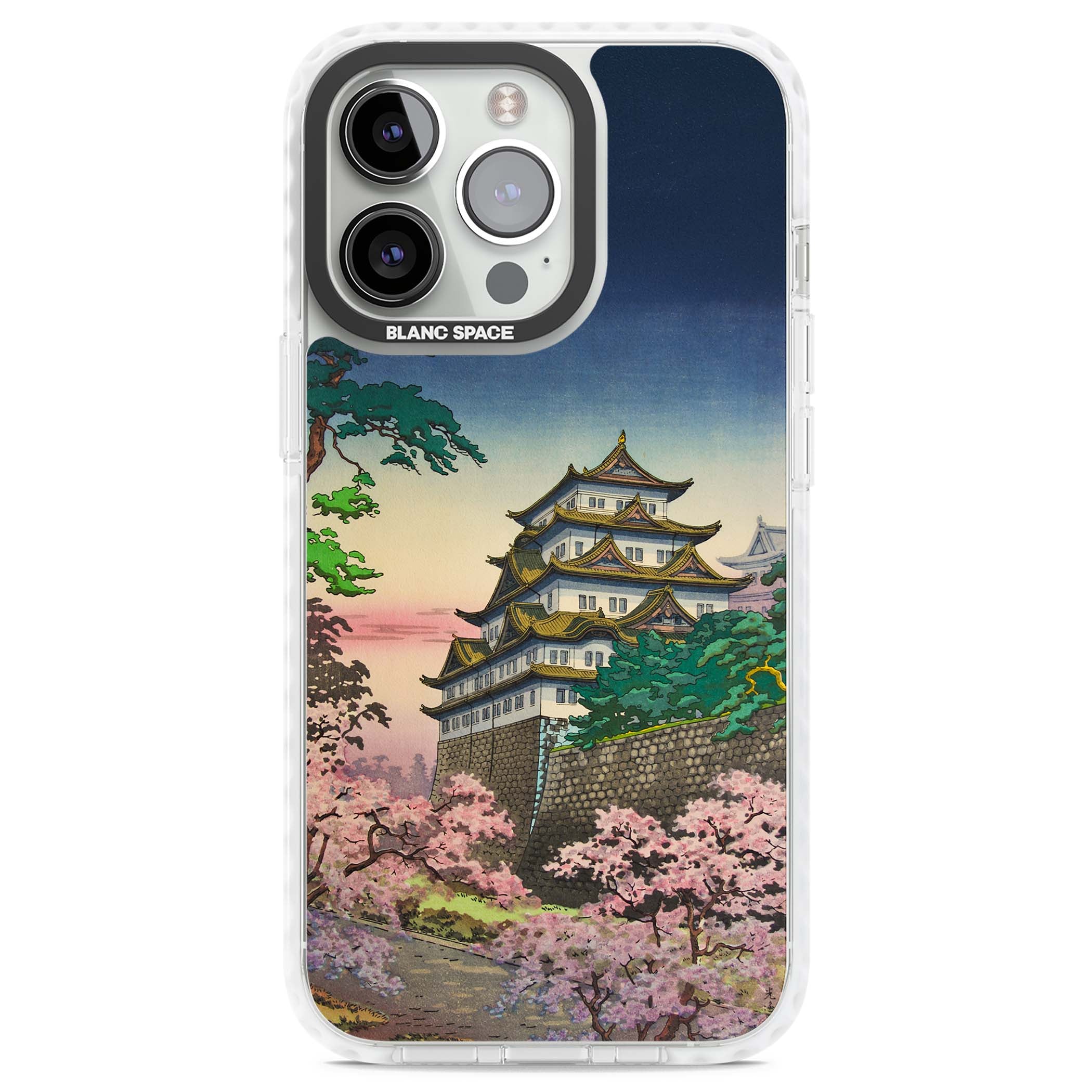 Nagoya Castle Japanese iPhone case featuring a vintage pagoda, twilight sky and cherry blossom trees | Clear Impact case for iPhone 13 Pro, iPhone 14 Pro, iPhone 15 Pro