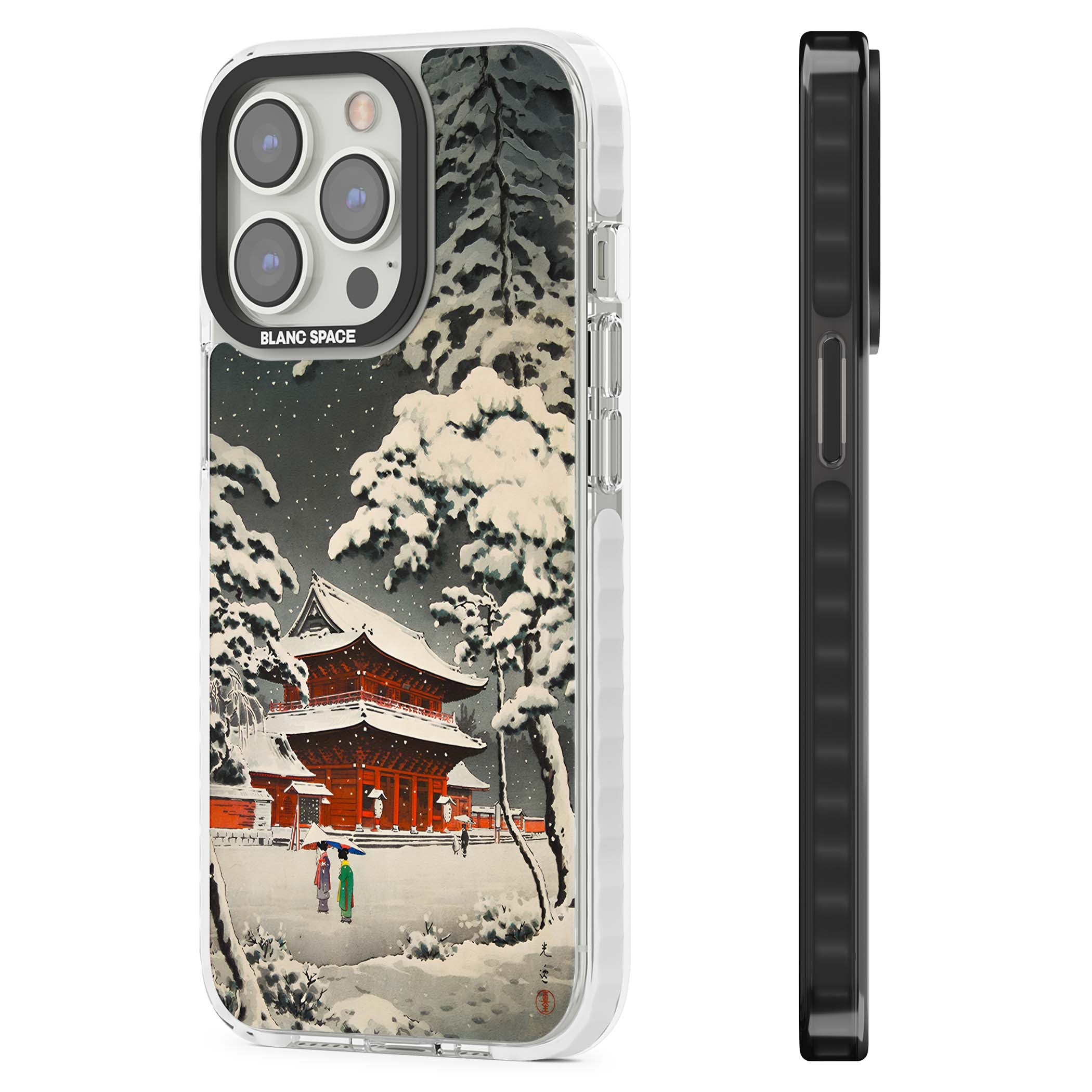 Snow at Shiha Park, Tokyo Japanese art iPhone case featuring a vintage ukiyo-e snowy temple, red pagoda, and snow-covered pin | Clear Impact case for iPhone 13 Pro, iPhone 14 Pro, iPhone 15 Pro