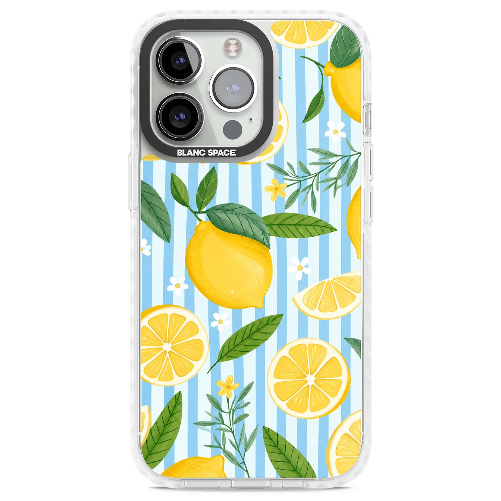 Capri Citrus Stripe coastal iPhone case featuring yellow lemons, blue stripes, and white daisy blossoms | Clear Impact case for iPhone 13 Pro, iPhone 14 Pro, iPhone 15 Pro