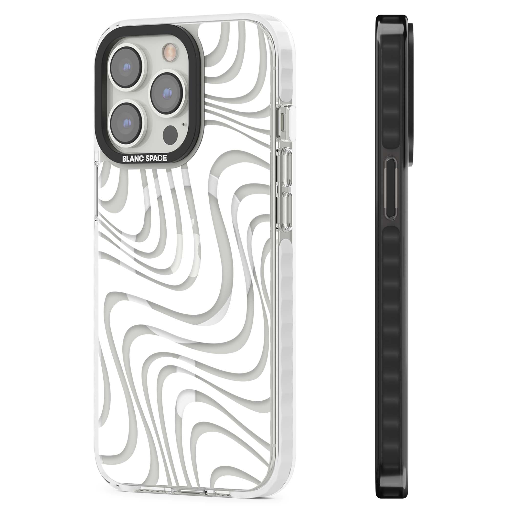 White Abstract Waves abstract iPhone case featuring flowing grey wave pattern on clear background | Impact Magsafe case for iPhone 13 Pro, iPhone 14 Pro, iPhone 15 Pro