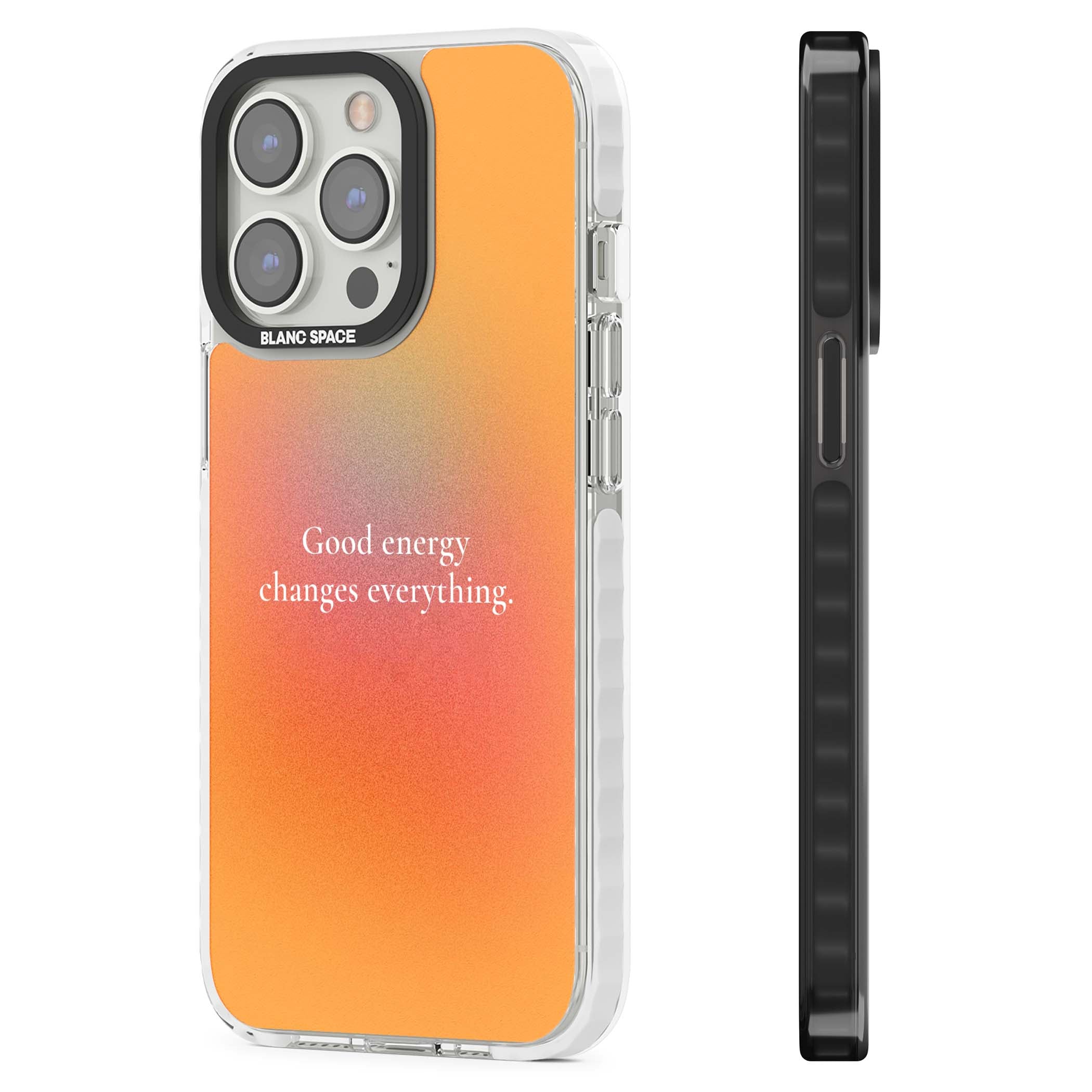 Good Energy quote iPhone case featuring an orange and pink aura gradient with white serif affirmation text | Impact Magsafe case for iPhone 13 Pro, iPhone 14 Pro, iPhone 15 Pro
