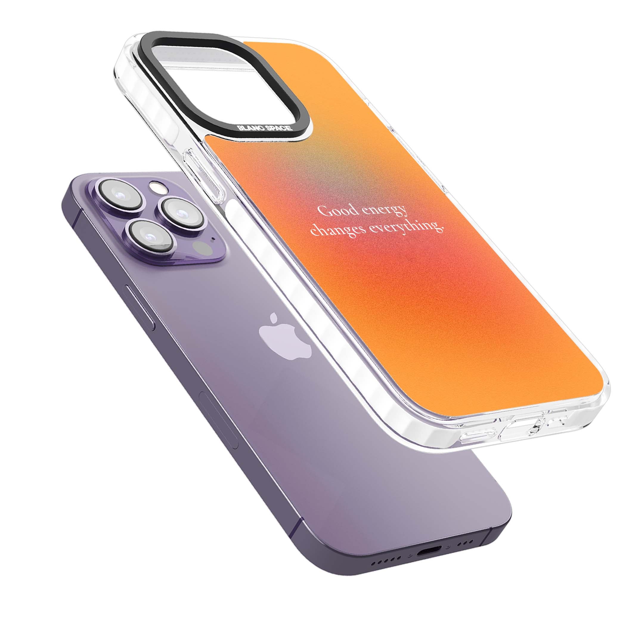 Good Energy quote iPhone case featuring an orange and pink aura gradient with white serif affirmation text | Impact Magsafe case for iPhone 13 Pro, iPhone 14 Pro, iPhone 15 Pro