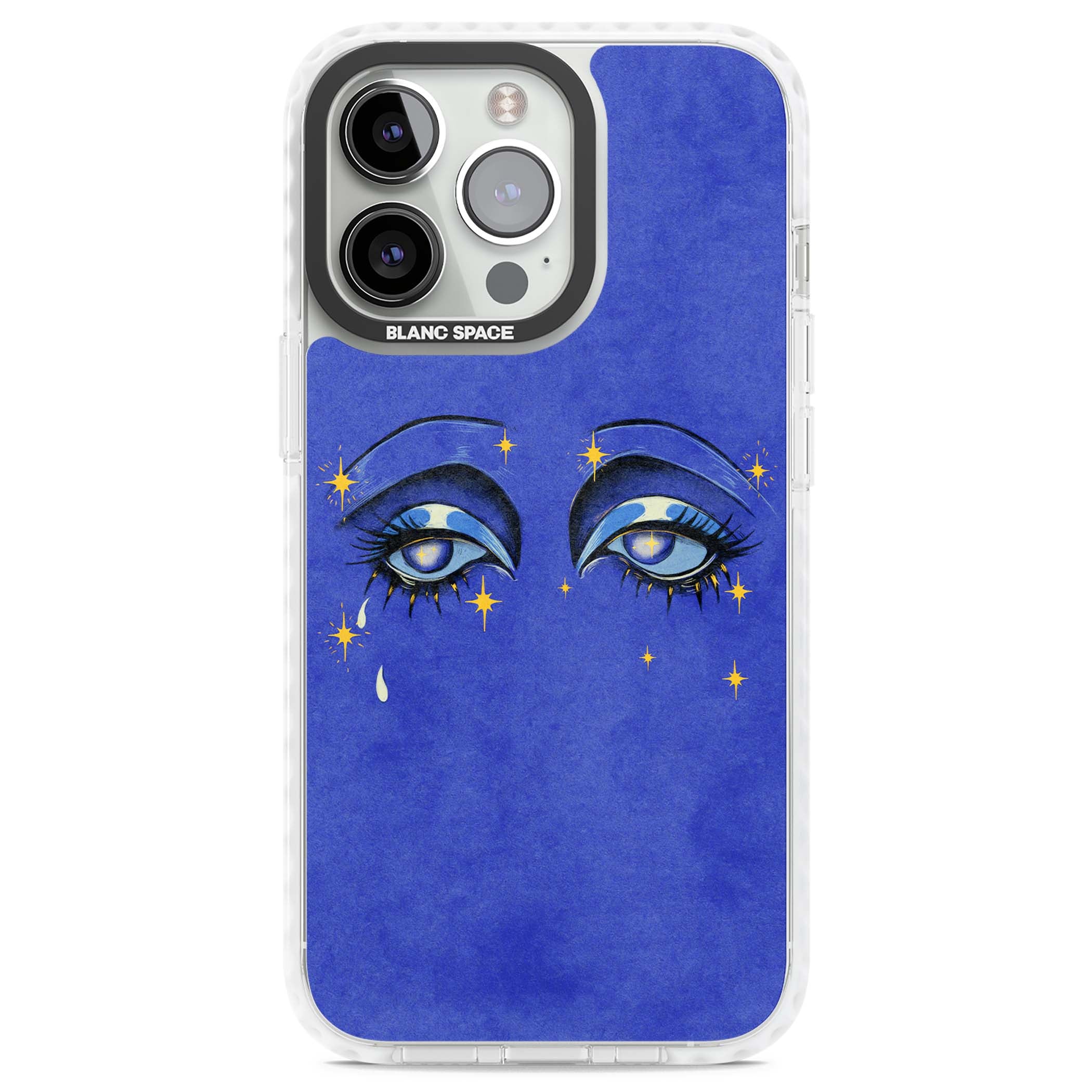 Blue Mystic Eyes celestial iPhone case featuring hand drawn blue mystical eyes, golden stars and a painted tear on indigo | Impact Magsafe case for iPhone 13 Pro, iPhone 14 Pro, iPhone 15 Pro