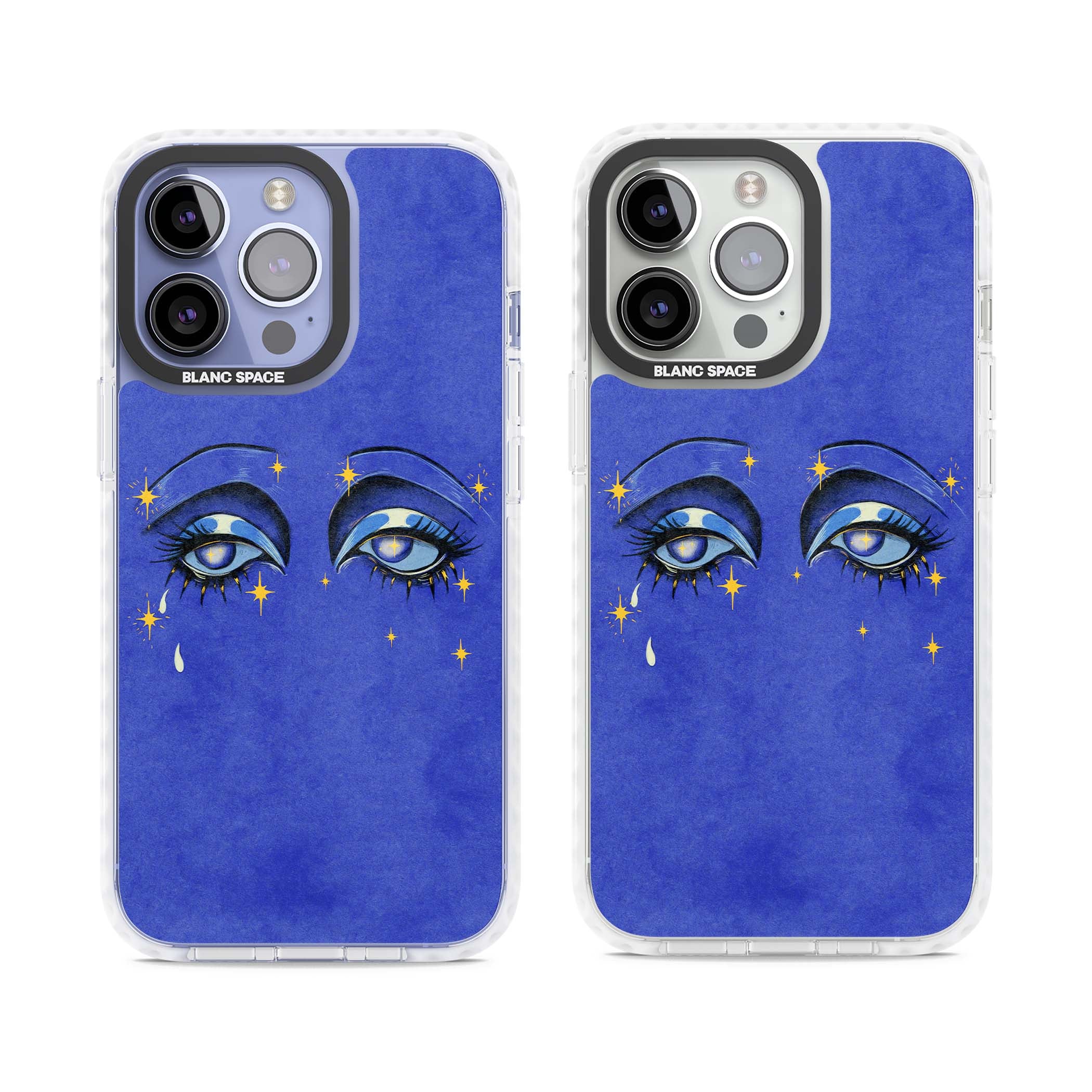 Blue Mystic Eyes celestial iPhone case featuring hand drawn blue mystical eyes, golden stars and a painted tear on indigo | Impact Magsafe case for iPhone 13 Pro, iPhone 14 Pro, iPhone 15 Pro