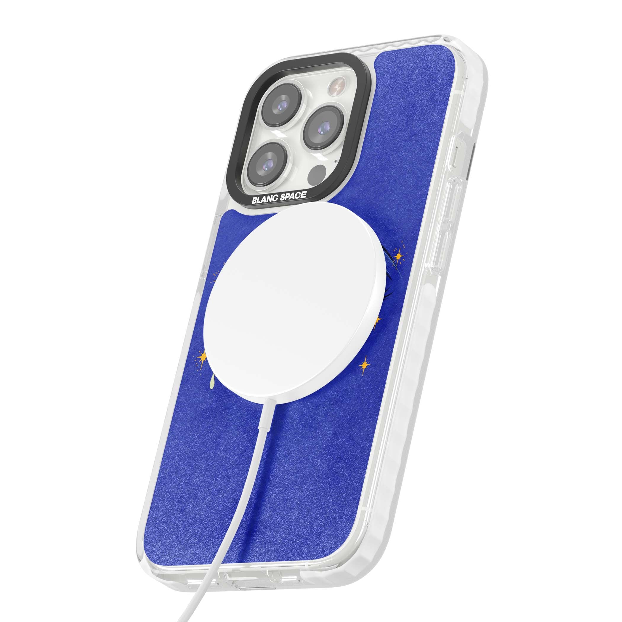 Blue Mystic Eyes celestial iPhone case featuring hand drawn blue mystical eyes, golden stars and a painted tear on indigo | Impact Magsafe case for iPhone 13 Pro, iPhone 14 Pro, iPhone 15 Pro