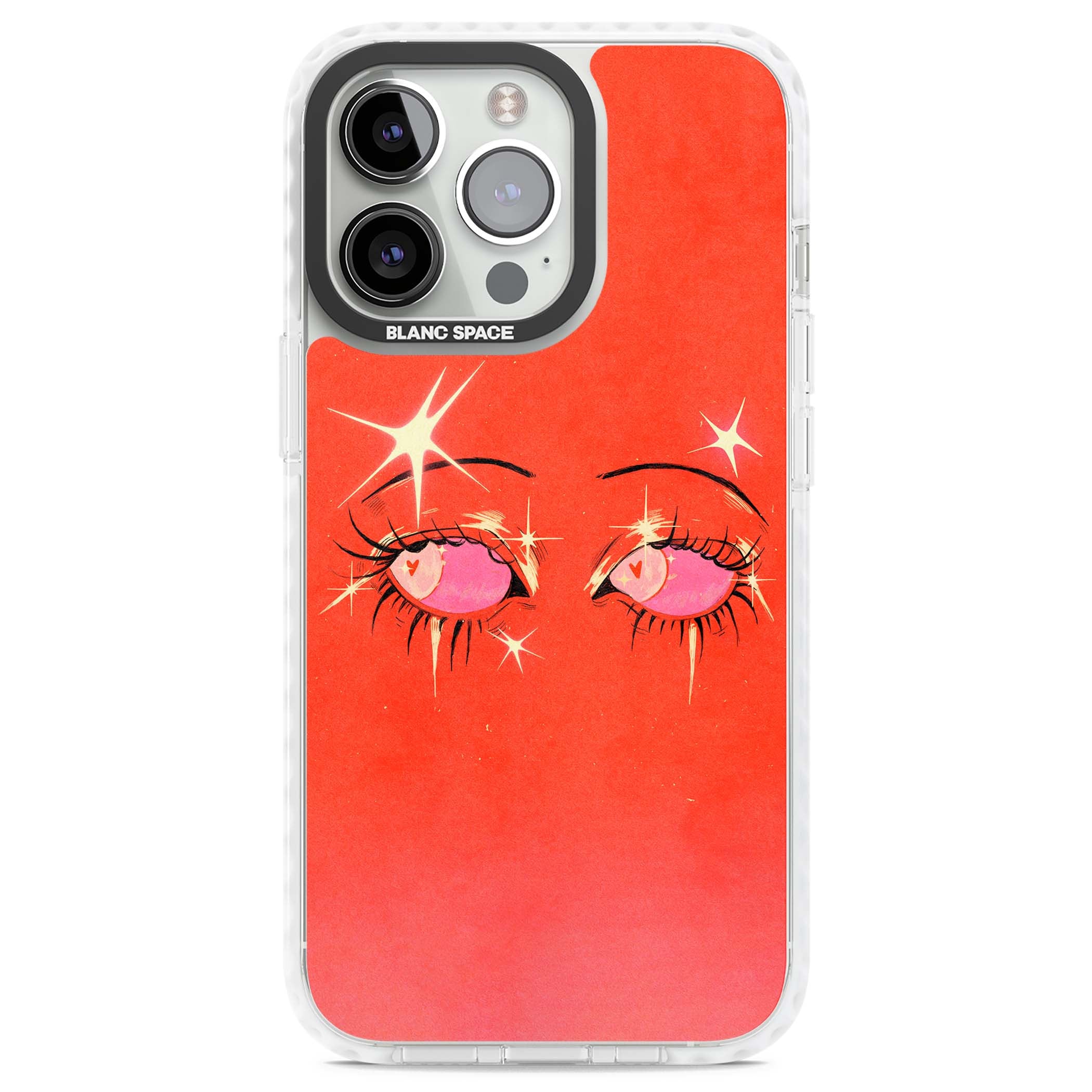 Pink Ethereal Eyes anime iPhone case featuring hand-drawn sparkly eyes with pink hearts and gold stars on red | Impact Magsafe case for iPhone 13 Pro, iPhone 14 Pro, iPhone 15 Pro