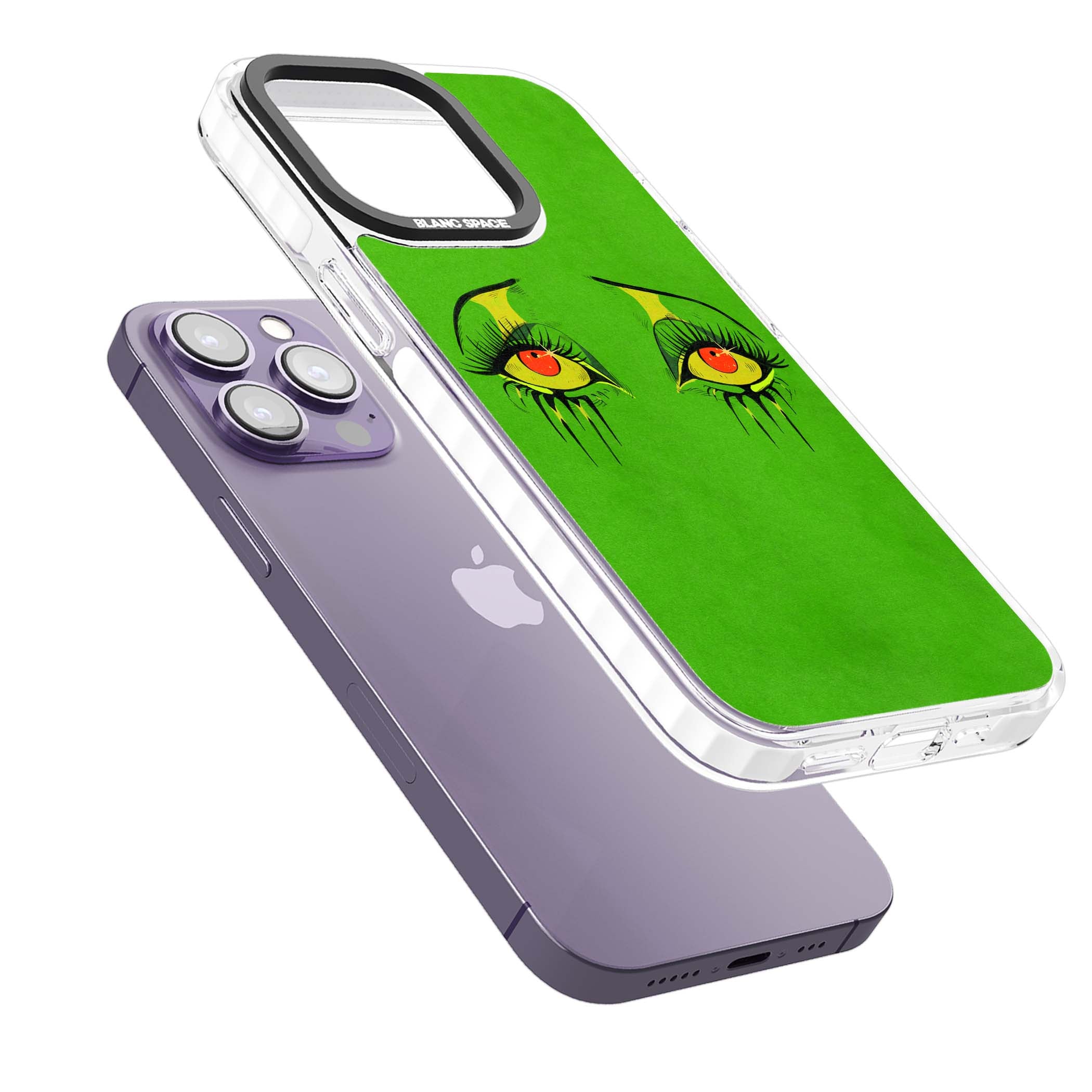 Green Enchanted Eyes psychedelic art iPhone case featuring hand-drawn dripping eyes on neon green background | Impact Magsafe case for iPhone 13 Pro, iPhone 14 Pro, iPhone 15 Pro