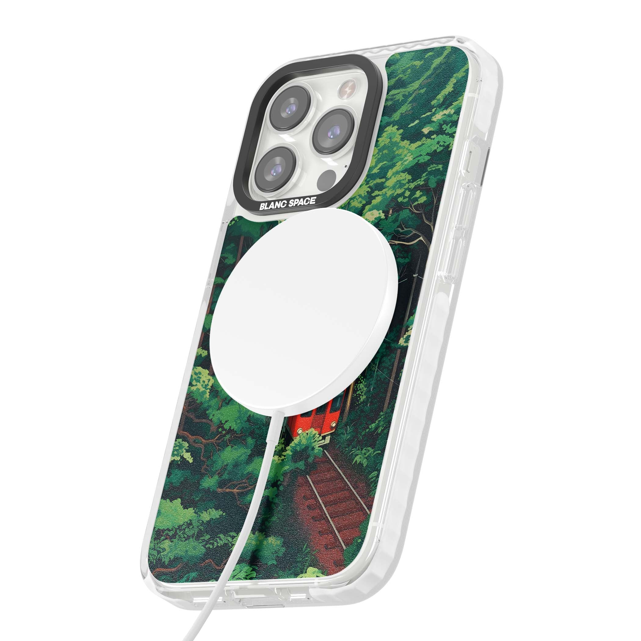 Railway In Toyama Japanese iPhone case featuring a red train, cedar forest and winding mountain railway tracks | Impact Magsafe case for iPhone 13 Pro, iPhone 14 Pro, iPhone 15 Pro