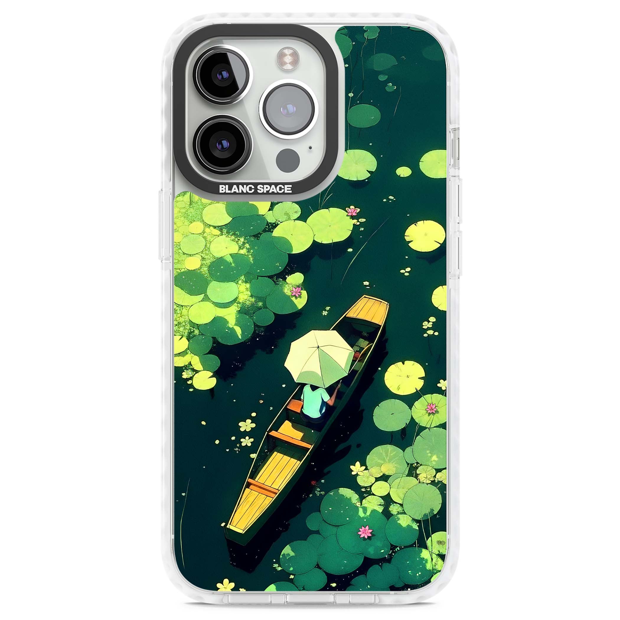 Jade Waters cottagecore iPhone case featuring a painted lily pond, wooden boat with parasol and floating water lilies | Impact Magsafe case for iPhone 13 Pro, iPhone 14 Pro, iPhone 15 Pro