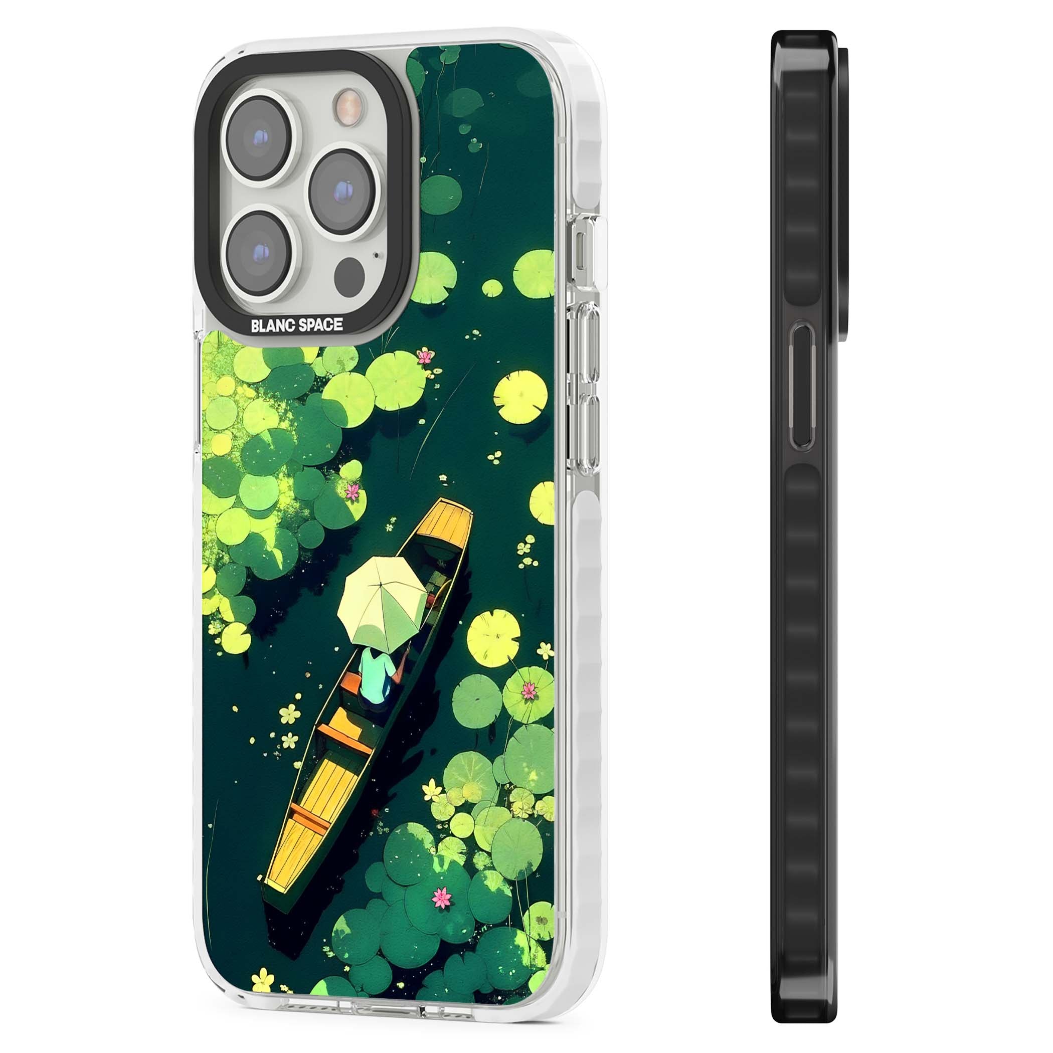 Jade Waters cottagecore iPhone case featuring a painted lily pond, wooden boat with parasol and floating water lilies | Impact Magsafe case for iPhone 13 Pro, iPhone 14 Pro, iPhone 15 Pro