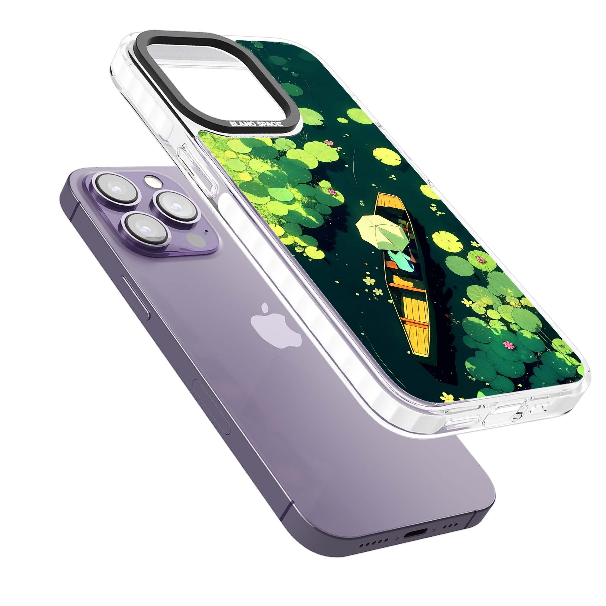 Jade Waters cottagecore iPhone case featuring a painted lily pond, wooden boat with parasol and floating water lilies | Impact Magsafe case for iPhone 13 Pro, iPhone 14 Pro, iPhone 15 Pro