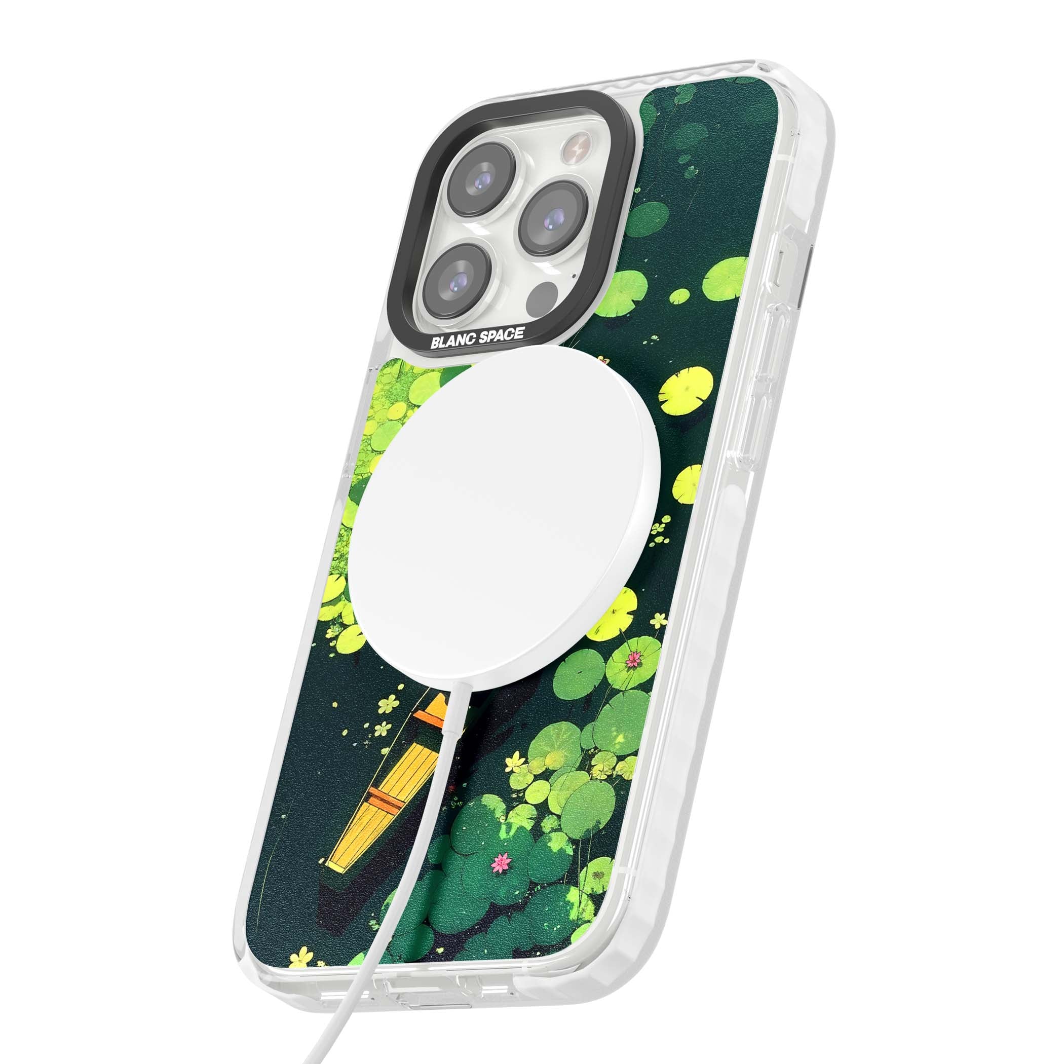 Jade Waters cottagecore iPhone case featuring a painted lily pond, wooden boat with parasol and floating water lilies | Impact Magsafe case for iPhone 13 Pro, iPhone 14 Pro, iPhone 15 Pro