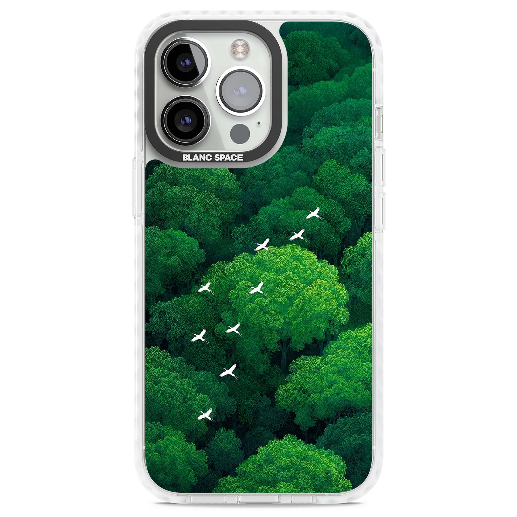 Grove Migration forest iPhone case featuring white cranes flying over lush green treetop canopy | Impact Magsafe case for iPhone 13 Pro, iPhone 14 Pro, iPhone 15 Pro