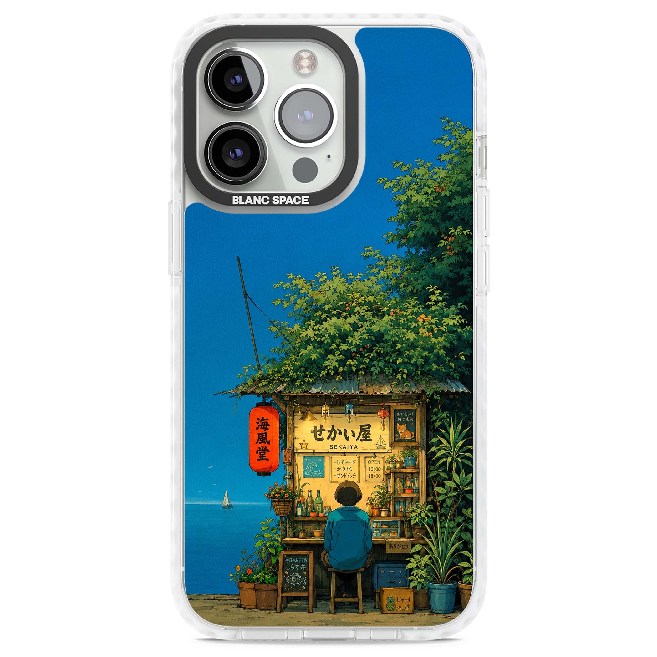 The Shirahama Kiosk anime iPhone case featuring a Japanese seaside shop, red paper lantern and ocean view | Impact Magsafe case for iPhone 13 Pro, iPhone 14 Pro, iPhone 15 Pro