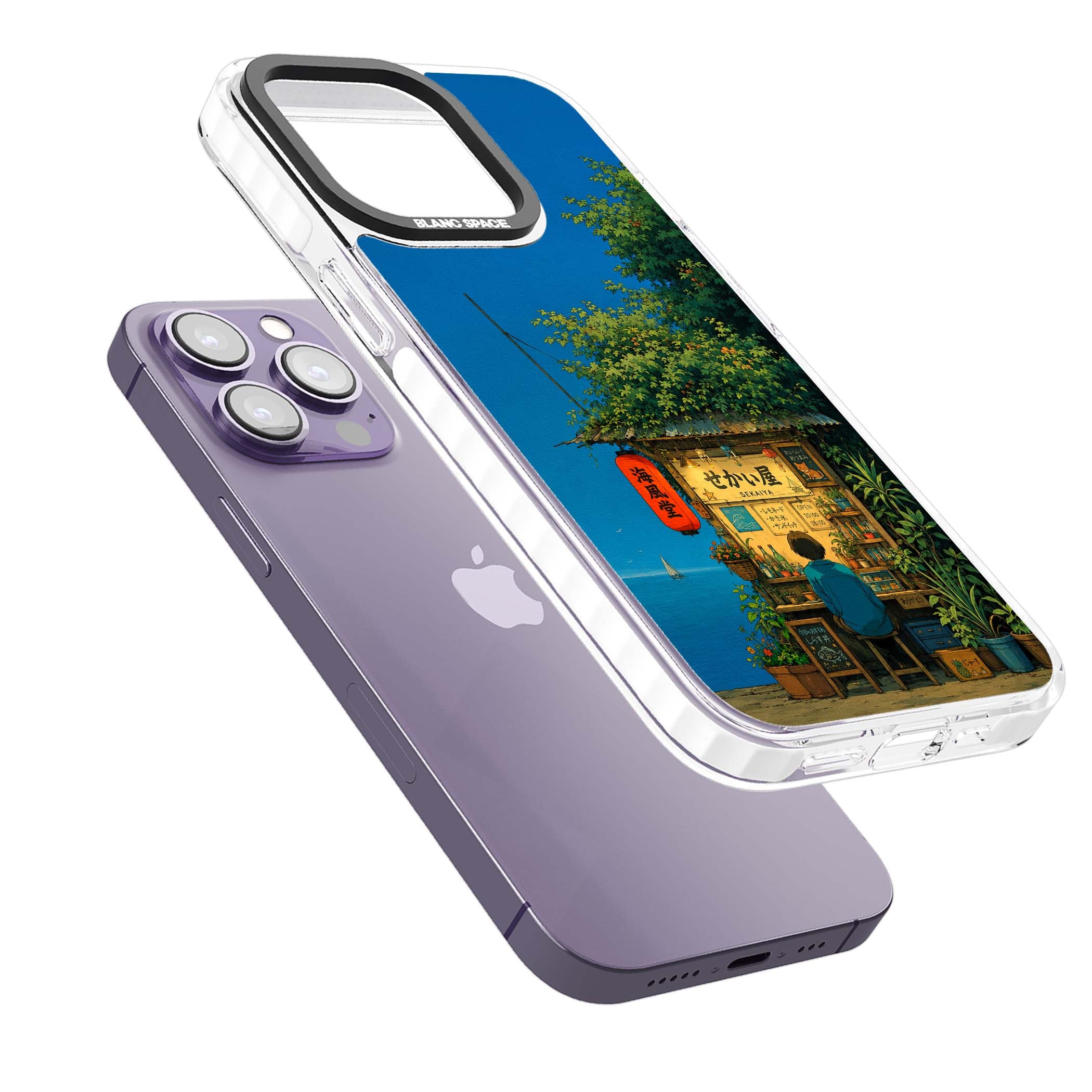 The Shirahama Kiosk anime iPhone case featuring a Japanese seaside shop, red paper lantern and ocean view | Impact Magsafe case for iPhone 13 Pro, iPhone 14 Pro, iPhone 15 Pro