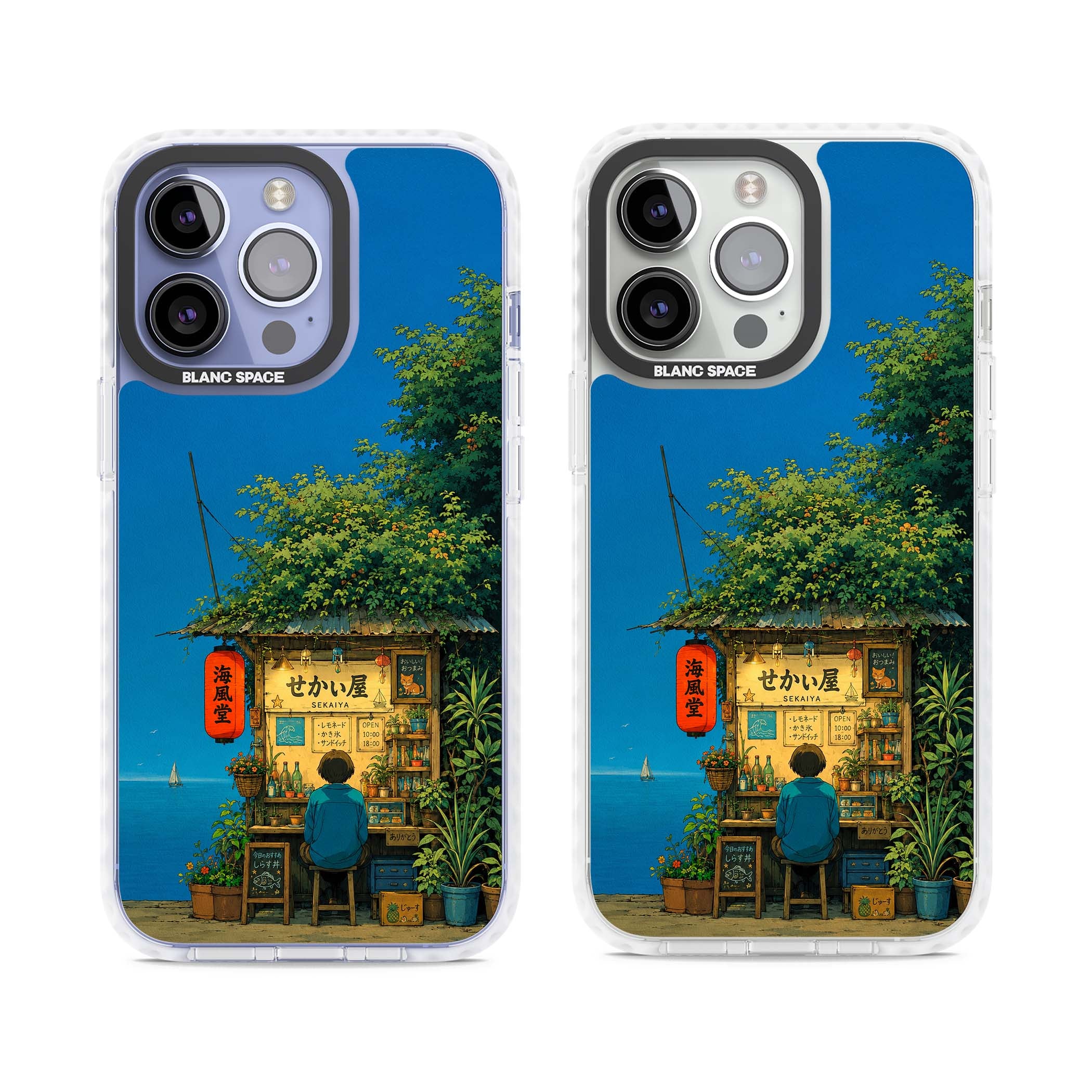 The Shirahama Kiosk anime iPhone case featuring a Japanese seaside shop, red paper lantern and ocean view | Impact Magsafe case for iPhone 13 Pro, iPhone 14 Pro, iPhone 15 Pro