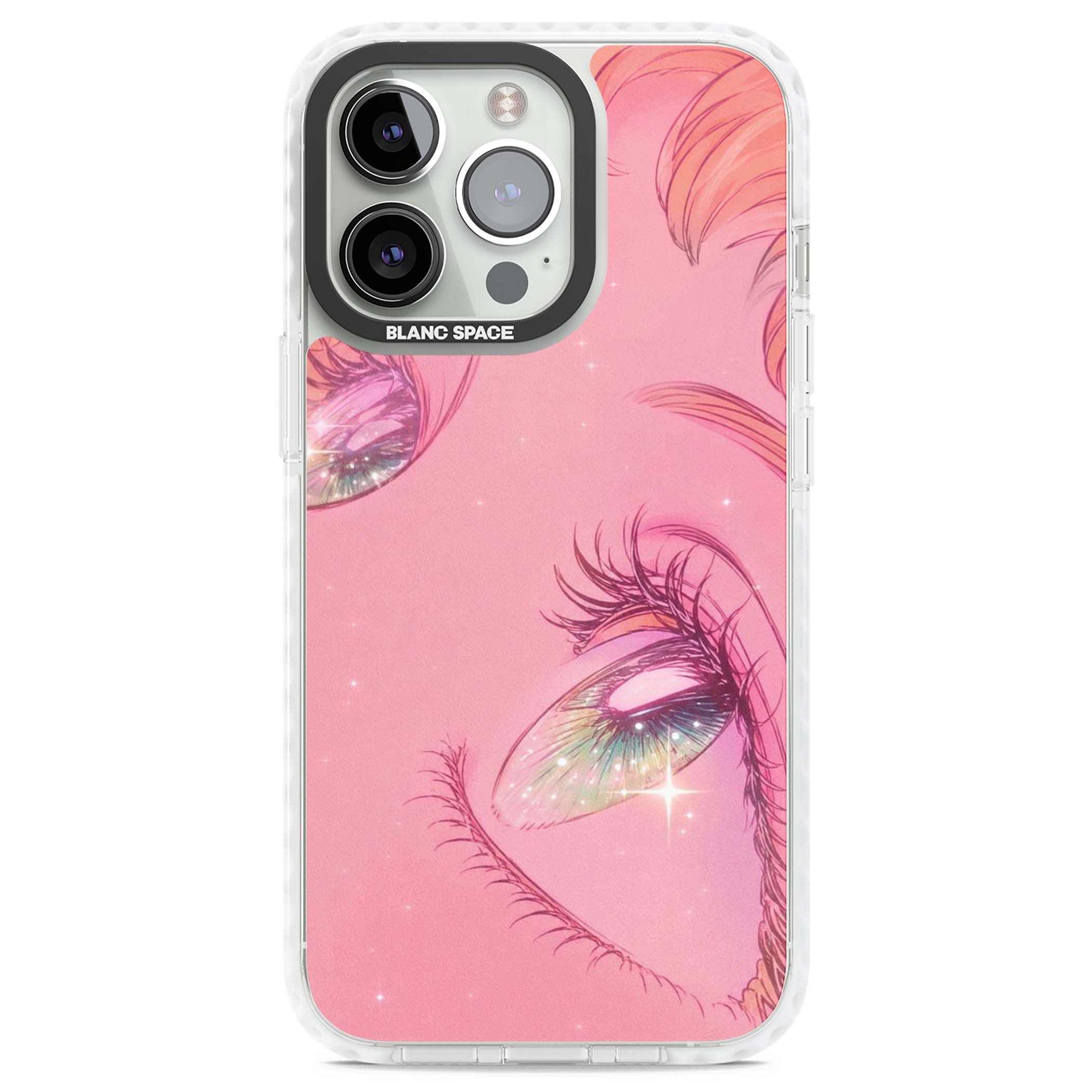 Pink Ethereal Gaze anime iPhone case featuring sparkling manga eyes, coral lashes and dreamy peach sky | Impact Magsafe case for iPhone 13 Pro, iPhone 14 Pro, iPhone 15 Pro