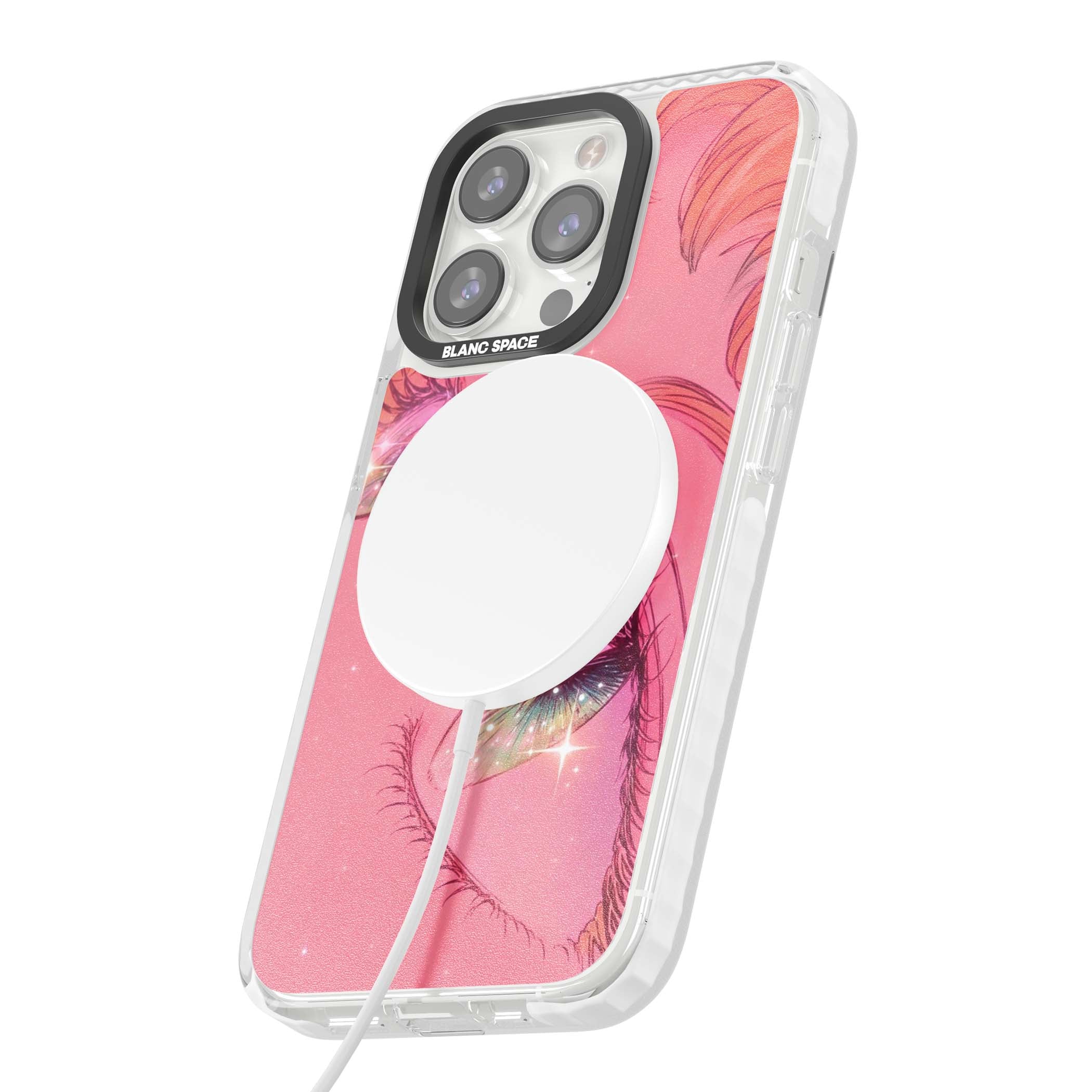 Pink Ethereal Gaze anime iPhone case featuring sparkling manga eyes, coral lashes and dreamy peach sky | Impact Magsafe case for iPhone 13 Pro, iPhone 14 Pro, iPhone 15 Pro