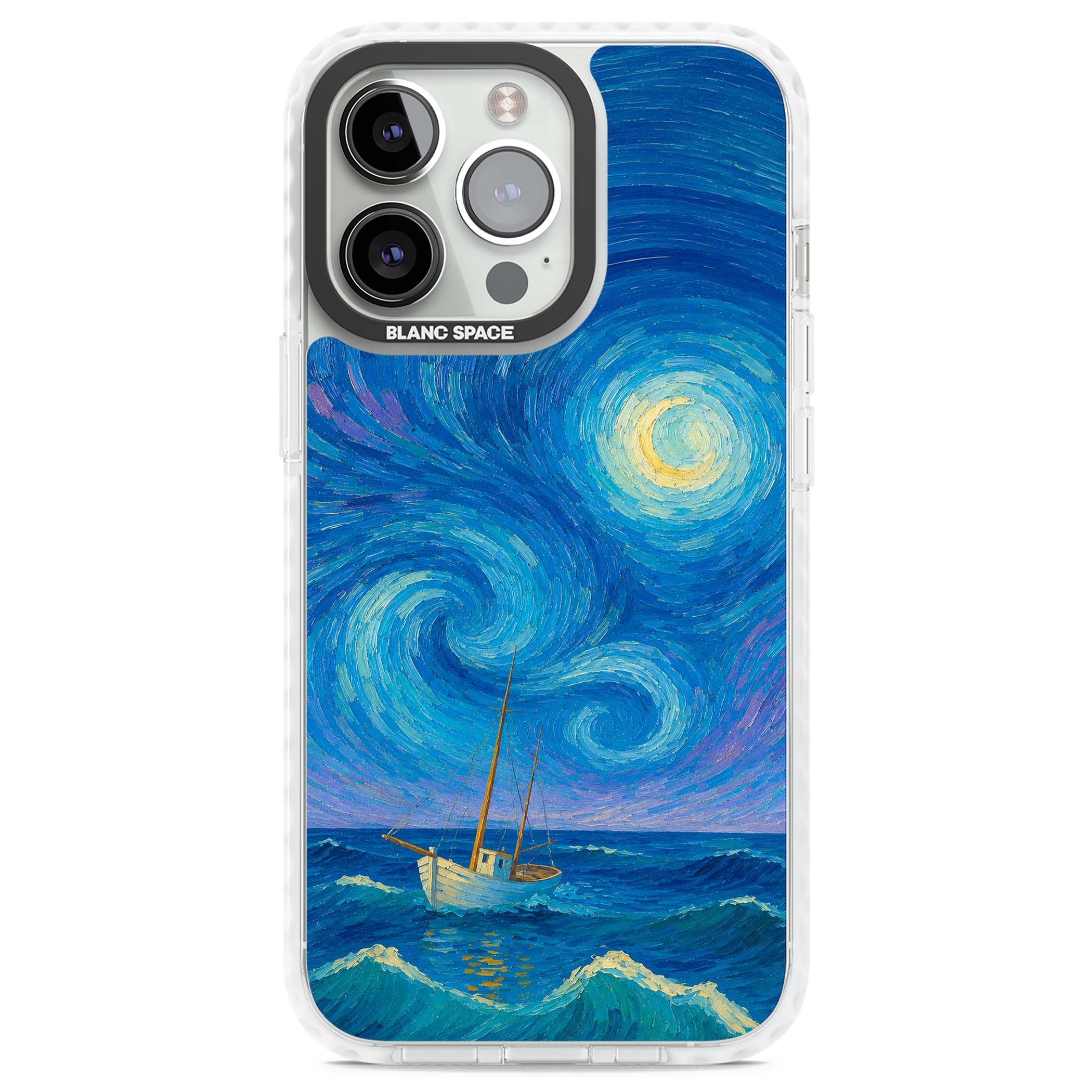 Moonlit Tide Van Gogh art iPhone case featuring swirling starry night sky, glowing moon and lone sailing boat at sea | Impact Magsafe case for iPhone 13 Pro, iPhone 14 Pro, iPhone 15 Pro