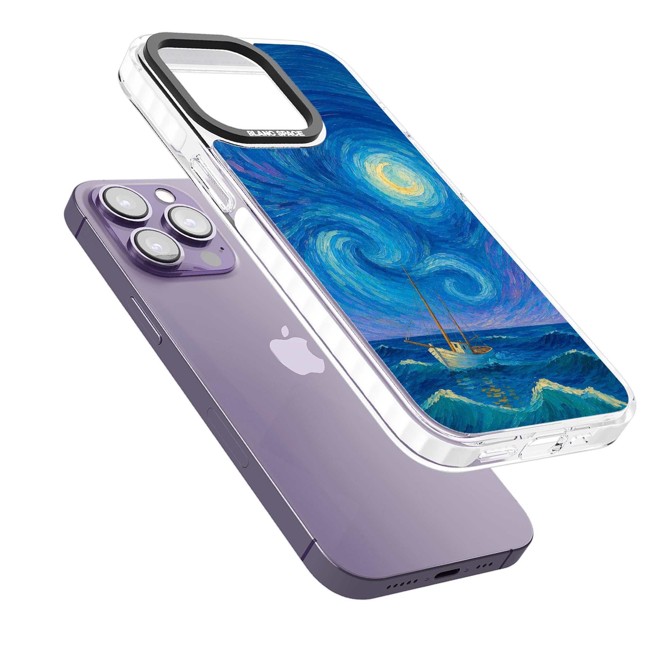 Moonlit Tide Van Gogh art iPhone case featuring swirling starry night sky, glowing moon and lone sailing boat at sea | Impact Magsafe case for iPhone 13 Pro, iPhone 14 Pro, iPhone 15 Pro