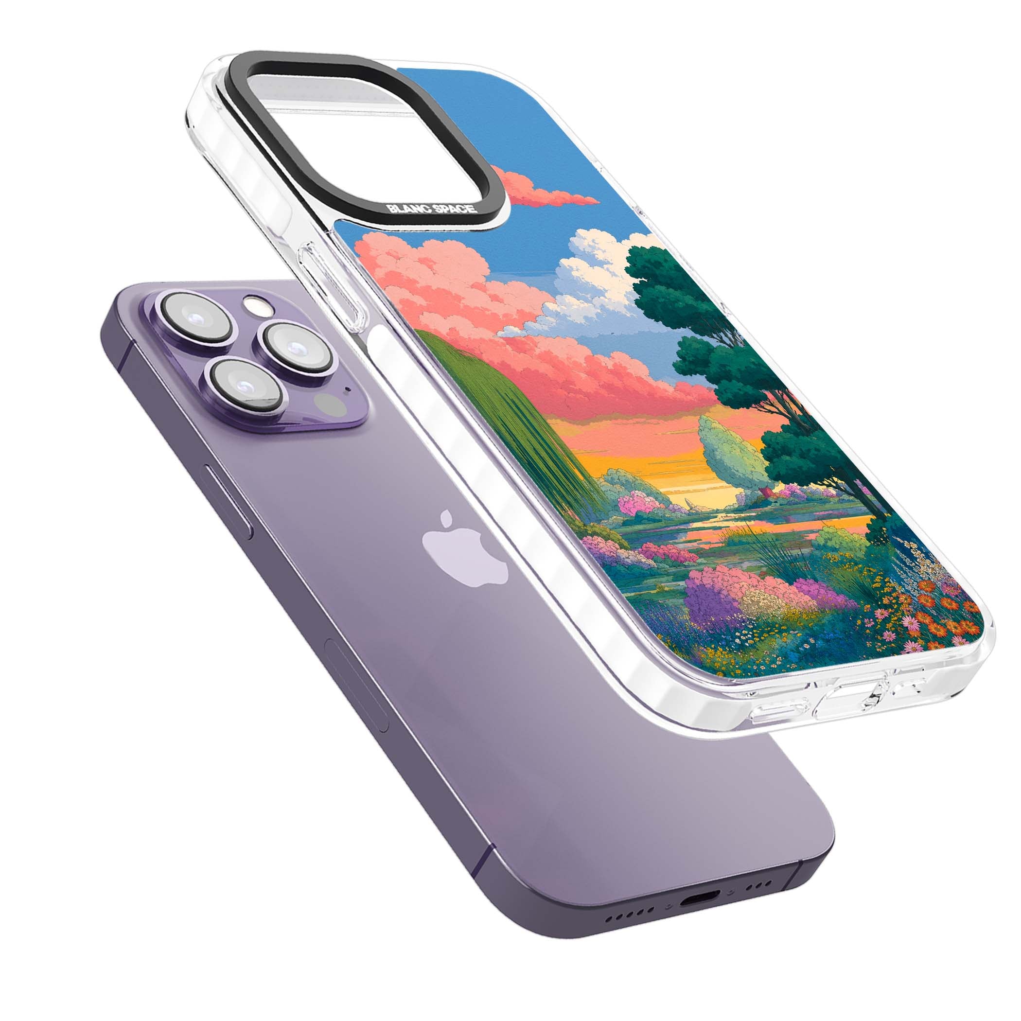 Dream Valley anime landscape iPhone case featuring pink sunset clouds, willow trees and wildflowers | Impact Magsafe case for iPhone 13 Pro, iPhone 14 Pro, iPhone 15 Pro