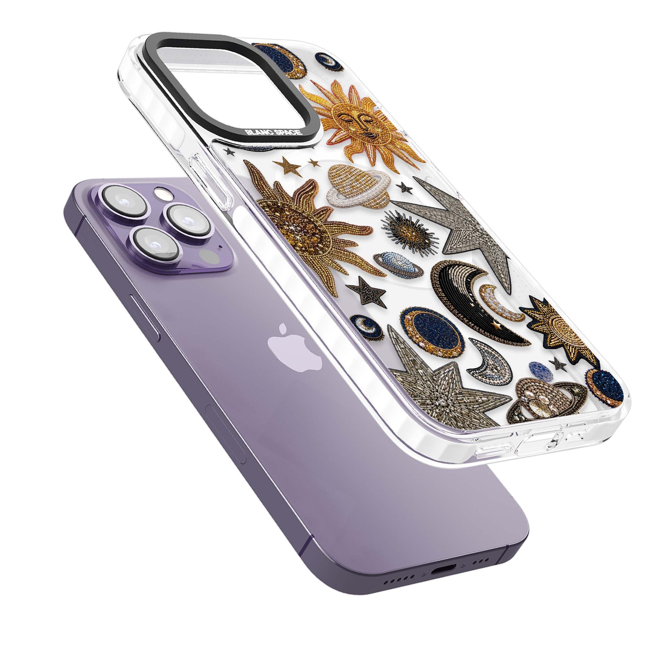 Beaded Cosmos celestial iPhone case featuring embroidered golden suns, beaded planets and silver shooting stars | Impact Magsafe case for iPhone 13 Pro, iPhone 14 Pro, iPhone 15 Pro