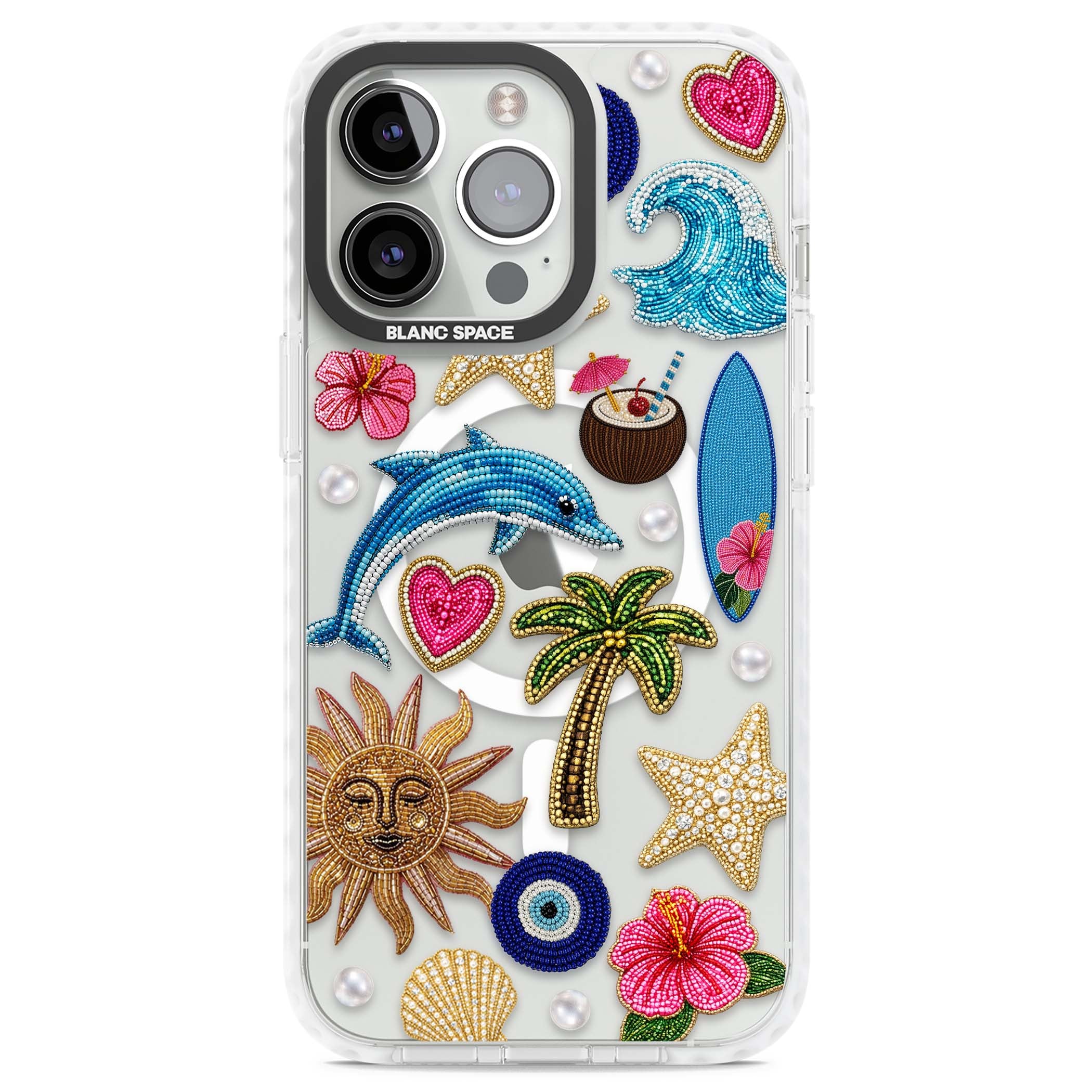 Beaded Beach coastal summer iPhone case featuring embroidered evil eye, hibiscus flowers, dolphin and palm tree patches | Impact Magsafe case for iPhone 13 Pro, iPhone 14 Pro, iPhone 15 Pro