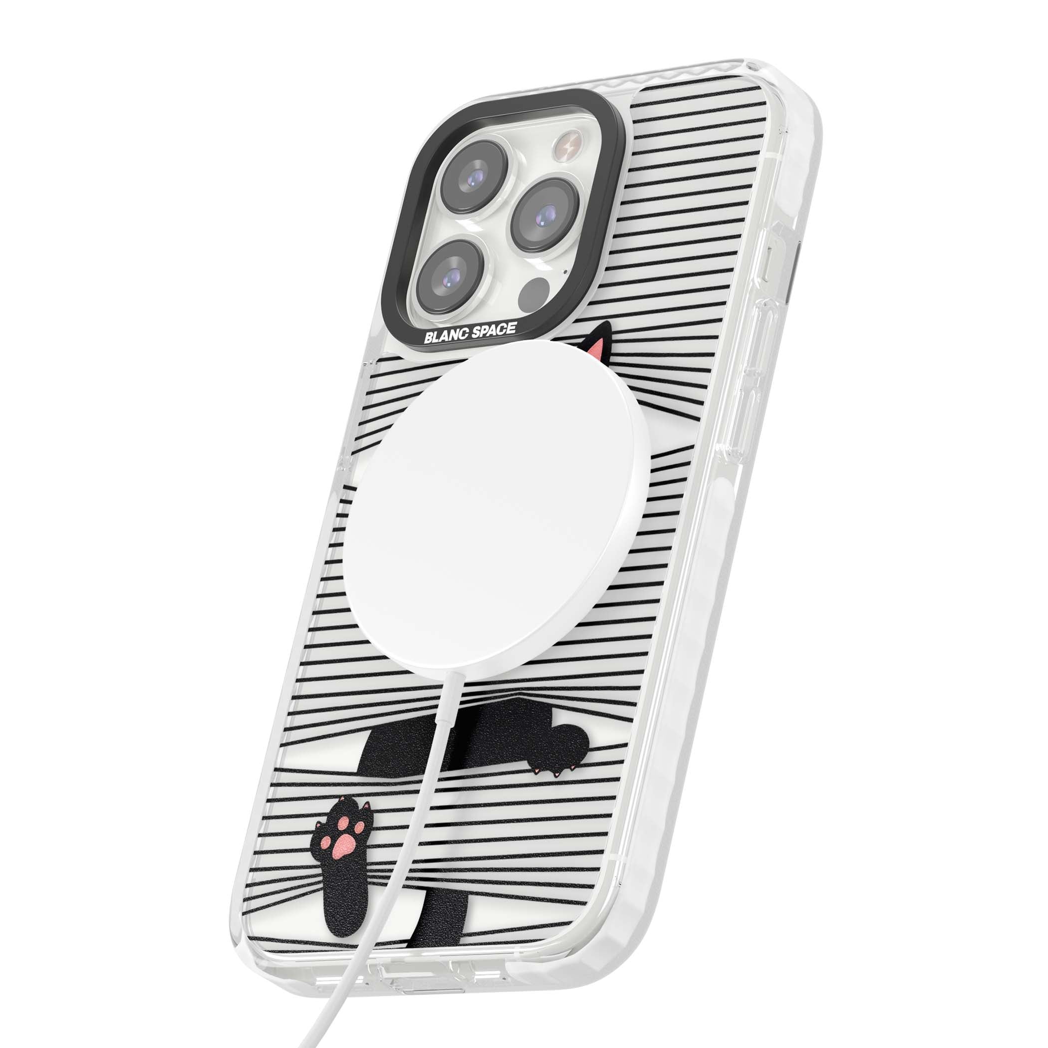 Peek-a-Boo Cat minimal iPhone case featuring black cat peeking through horizontal black and white stripes | Impact Magsafe case for iPhone 13 Pro, iPhone 14 Pro, iPhone 15 Pro