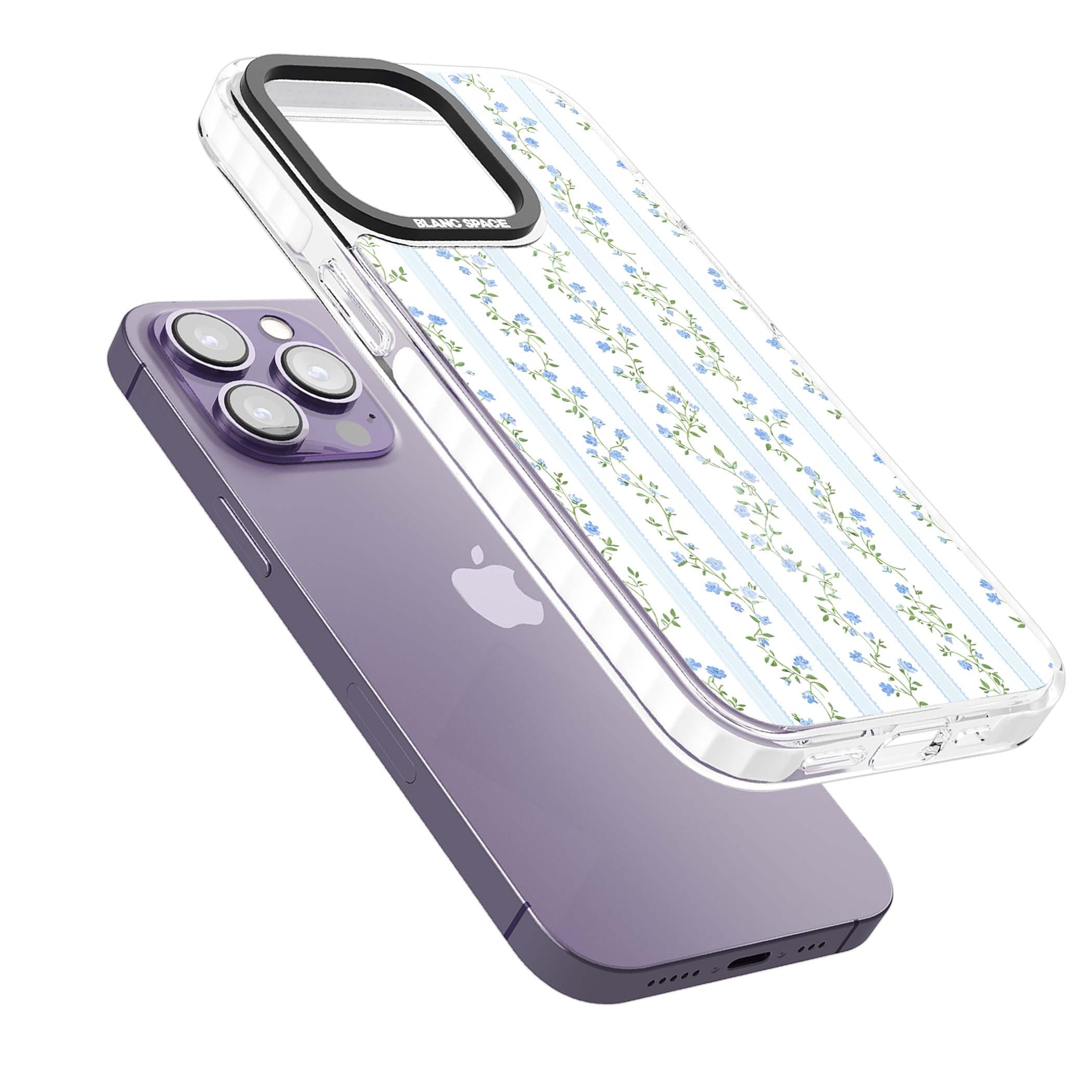 Bluebell Vine cottagecore iPhone case featuring climbing blue roses, trailing green vines, and pale ticking stripes | Impact Magsafe case for iPhone 13 Pro, iPhone 14 Pro, iPhone 15 Pro