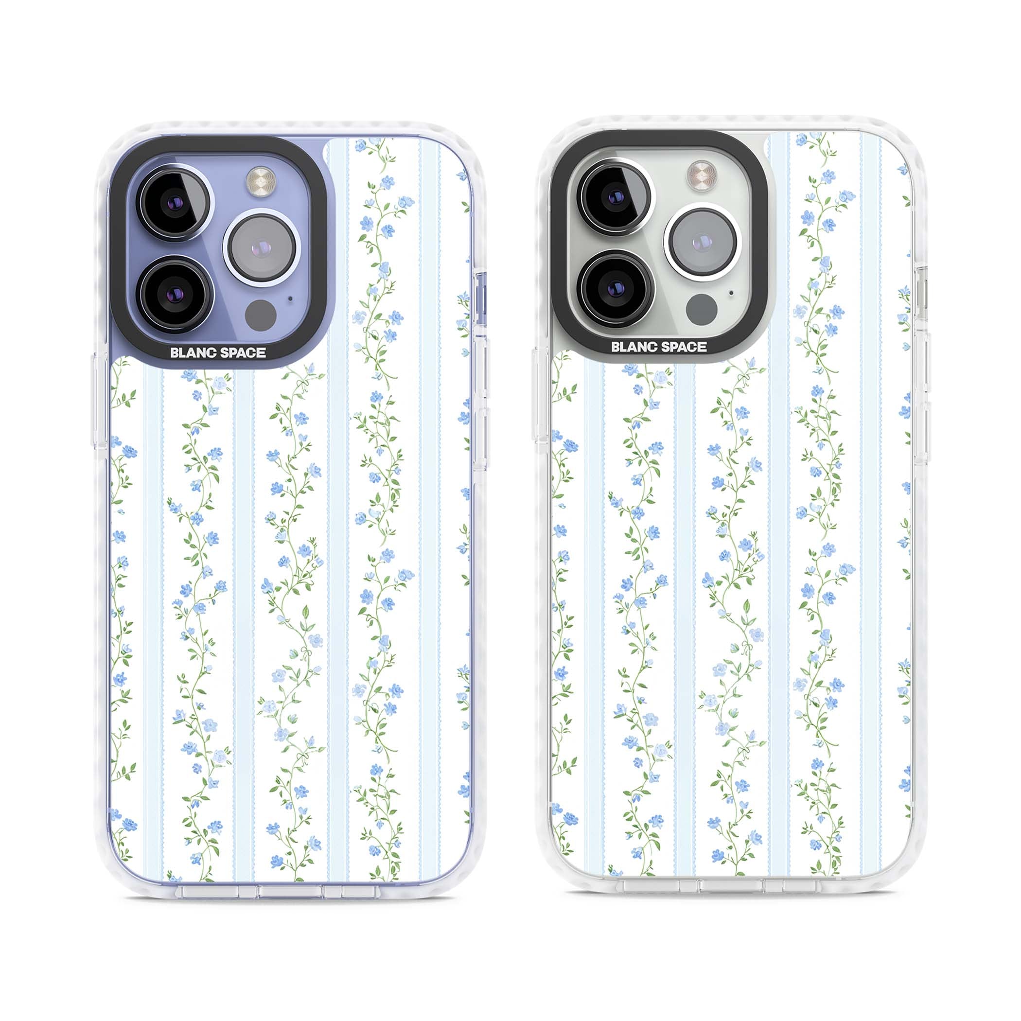Bluebell Vine cottagecore iPhone case featuring climbing blue roses, trailing green vines, and pale ticking stripes | Impact Magsafe case for iPhone 13 Pro, iPhone 14 Pro, iPhone 15 Pro