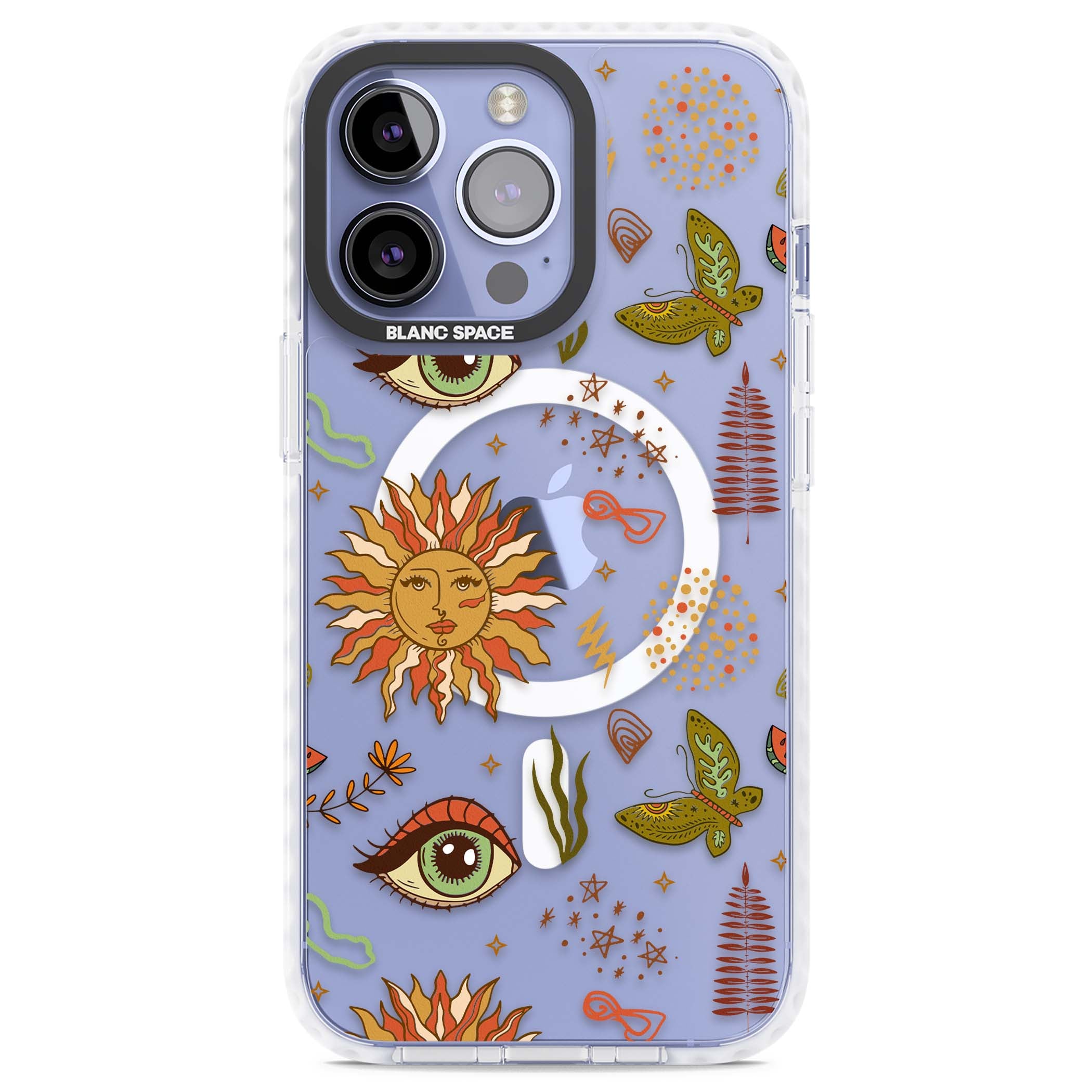 Elevate Your Phone'S Style With This Boho Celestial Sun & Eye Phone Case, Featuring A Mystical Blend Of Suns, All-Seeing Eyes, Butterflies, Stars, And