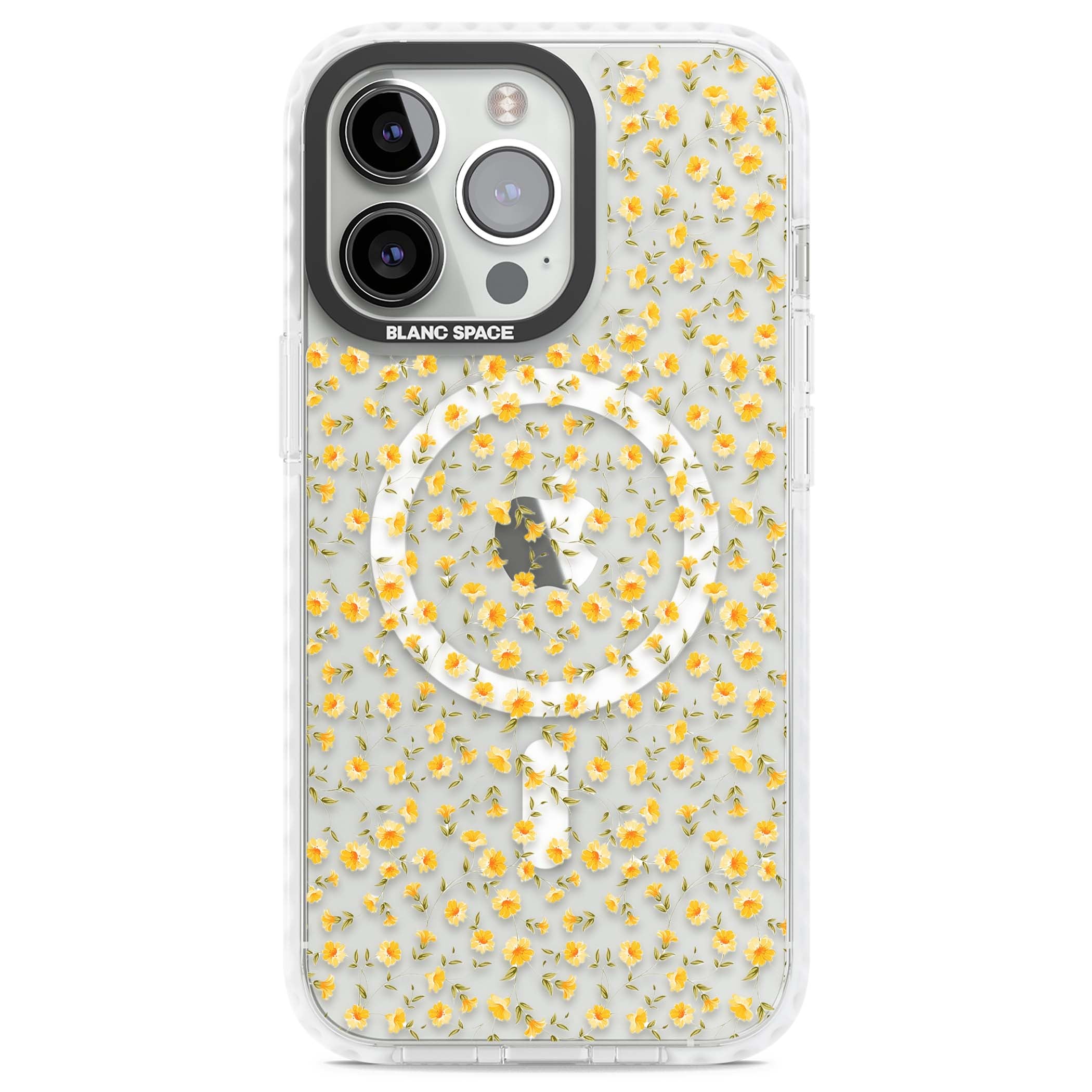 Buttercup wildflower iPhone case featuring tiny yellow flowers and trailing green vines on clear | Impact Magsafe case for iPhone 13 Pro, iPhone 14 Pro, iPhone 15 Pro