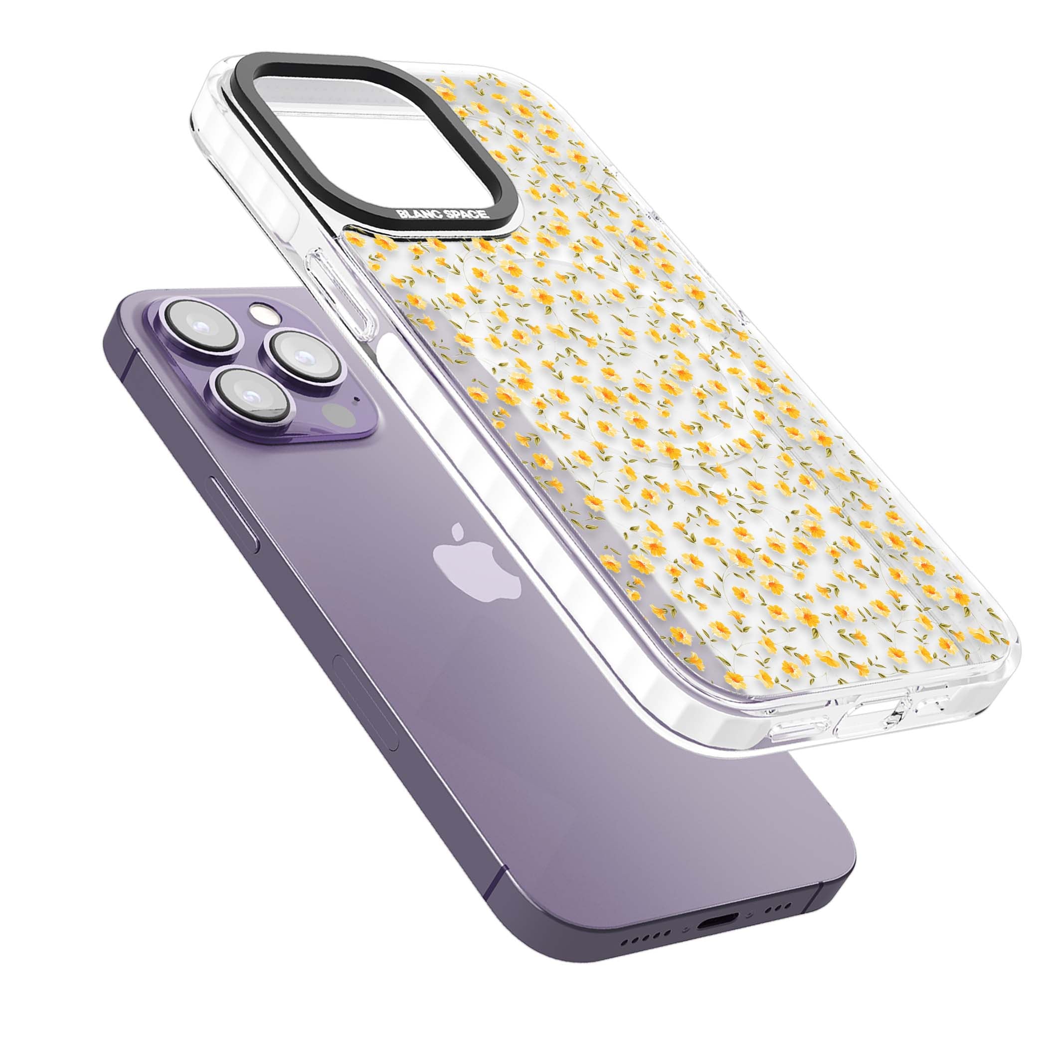 Buttercup wildflower iPhone case featuring tiny yellow flowers and trailing green vines on clear | Impact Magsafe case for iPhone 13 Pro, iPhone 14 Pro, iPhone 15 Pro
