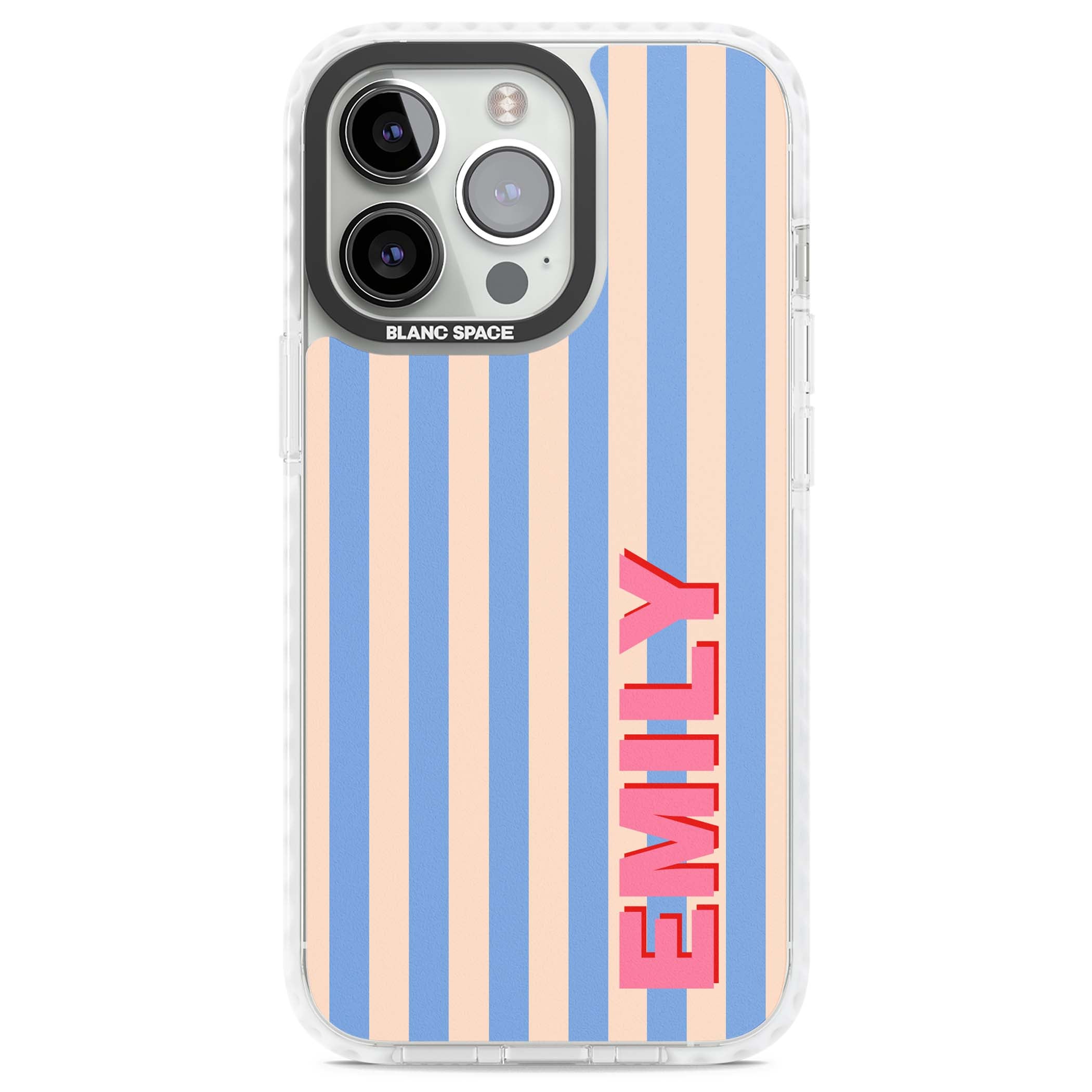 Coastal Stripe personalised coastal iPhone case with blue and peach vertical stripes and custom pink name | Impact Magsafe case for iPhone 13 Pro, iPhone 14 Pro, iPhone 15 Pro
