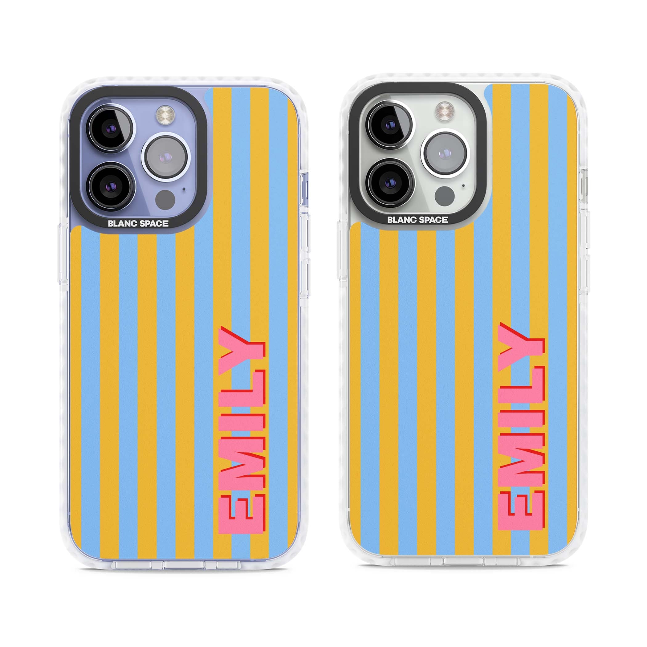Carribean Stripe personalised coastal iPhone case with yellow and blue vertical stripes and a custom pink name | Impact Magsafe case for iPhone 13 Pro, iPhone 14 Pro, iPhone 15 Pro