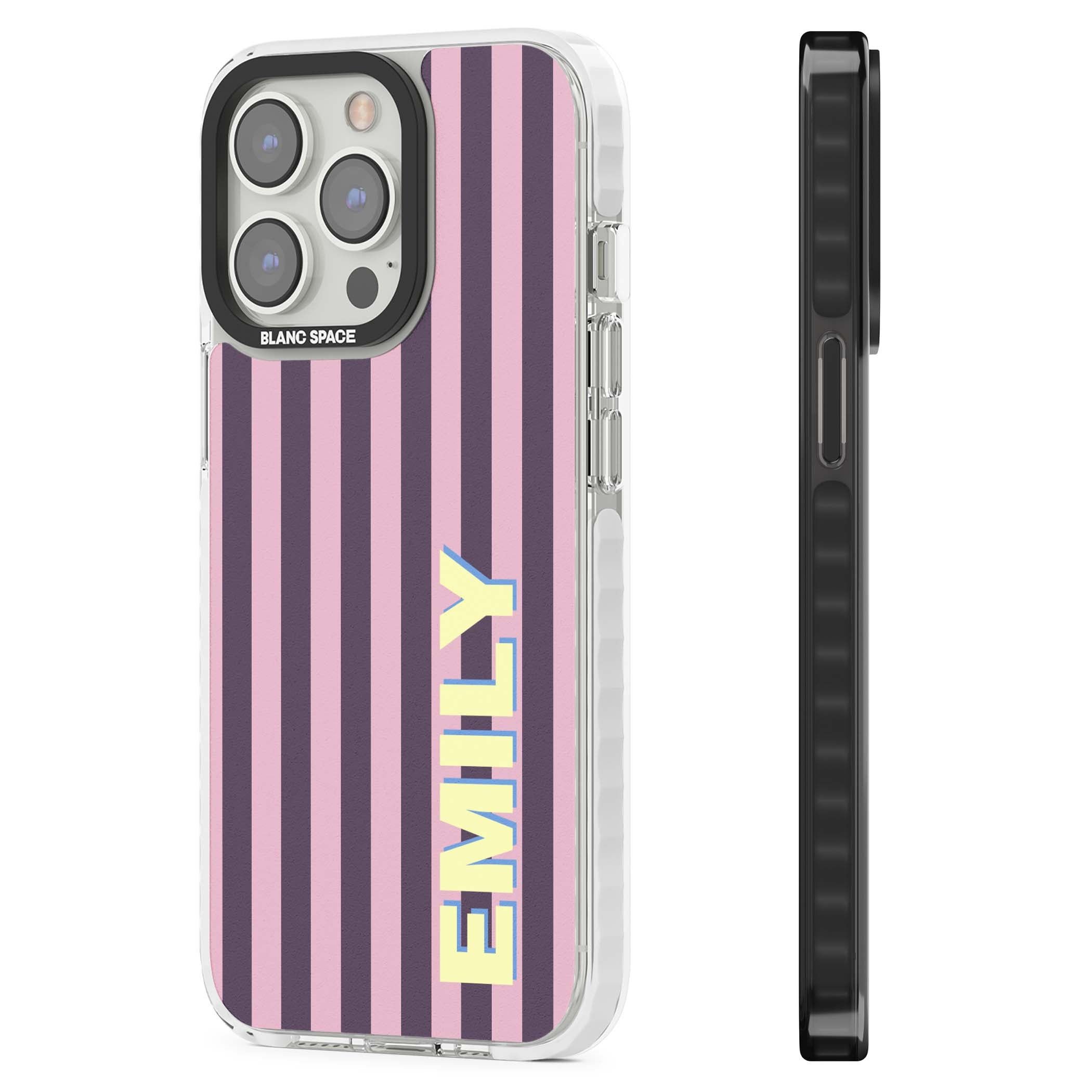 Tyre Stripe personalised stripe iPhone case with plum and pink vertical stripes and custom yellow name | Impact Magsafe case for iPhone 13 Pro, iPhone 14 Pro, iPhone 15 Pro