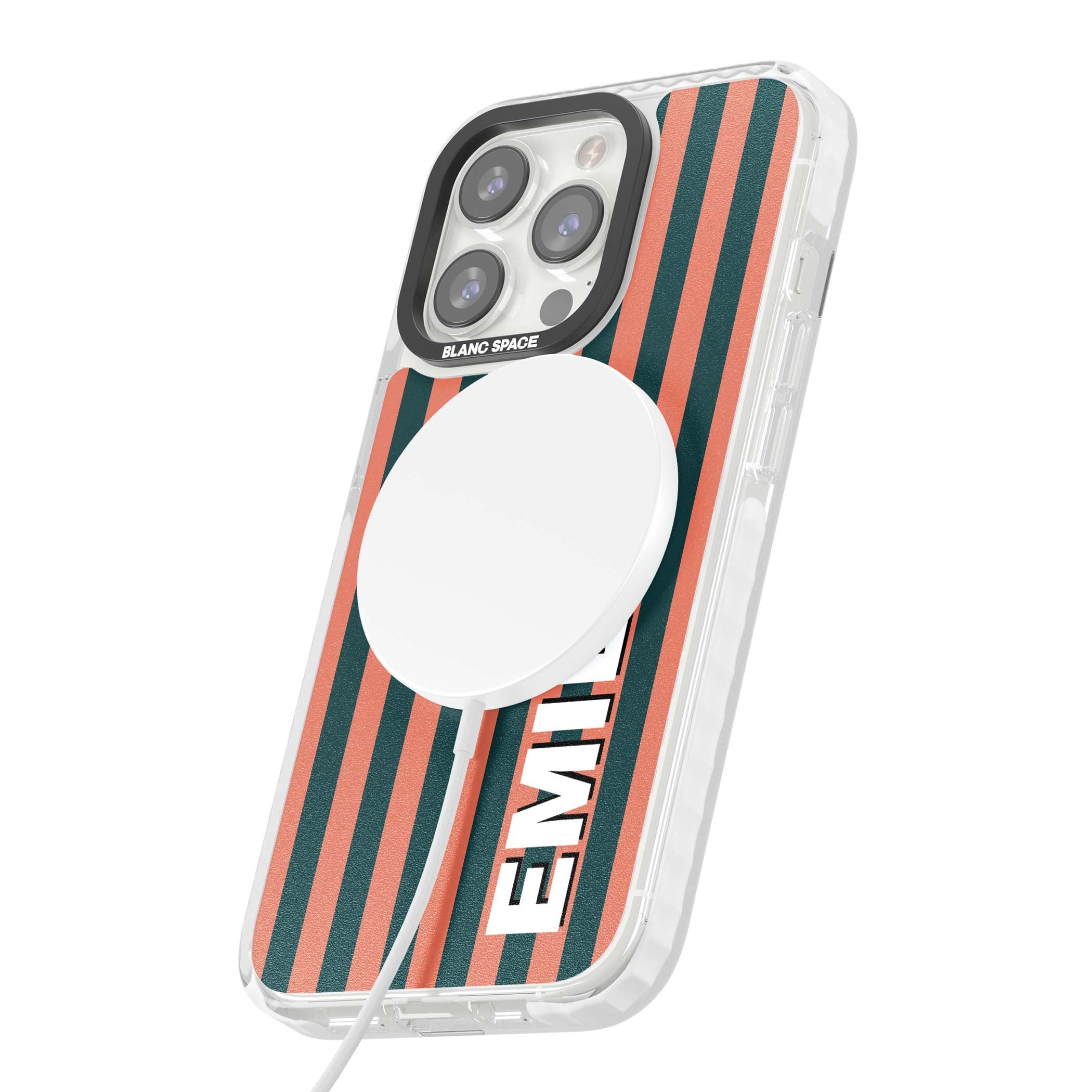 Tuscan Stripe personalised iPhone case featuring coral and green vertical stripes with bold custom name | Impact Magsafe case for iPhone 13 Pro, iPhone 14 Pro, iPhone 15 Pro