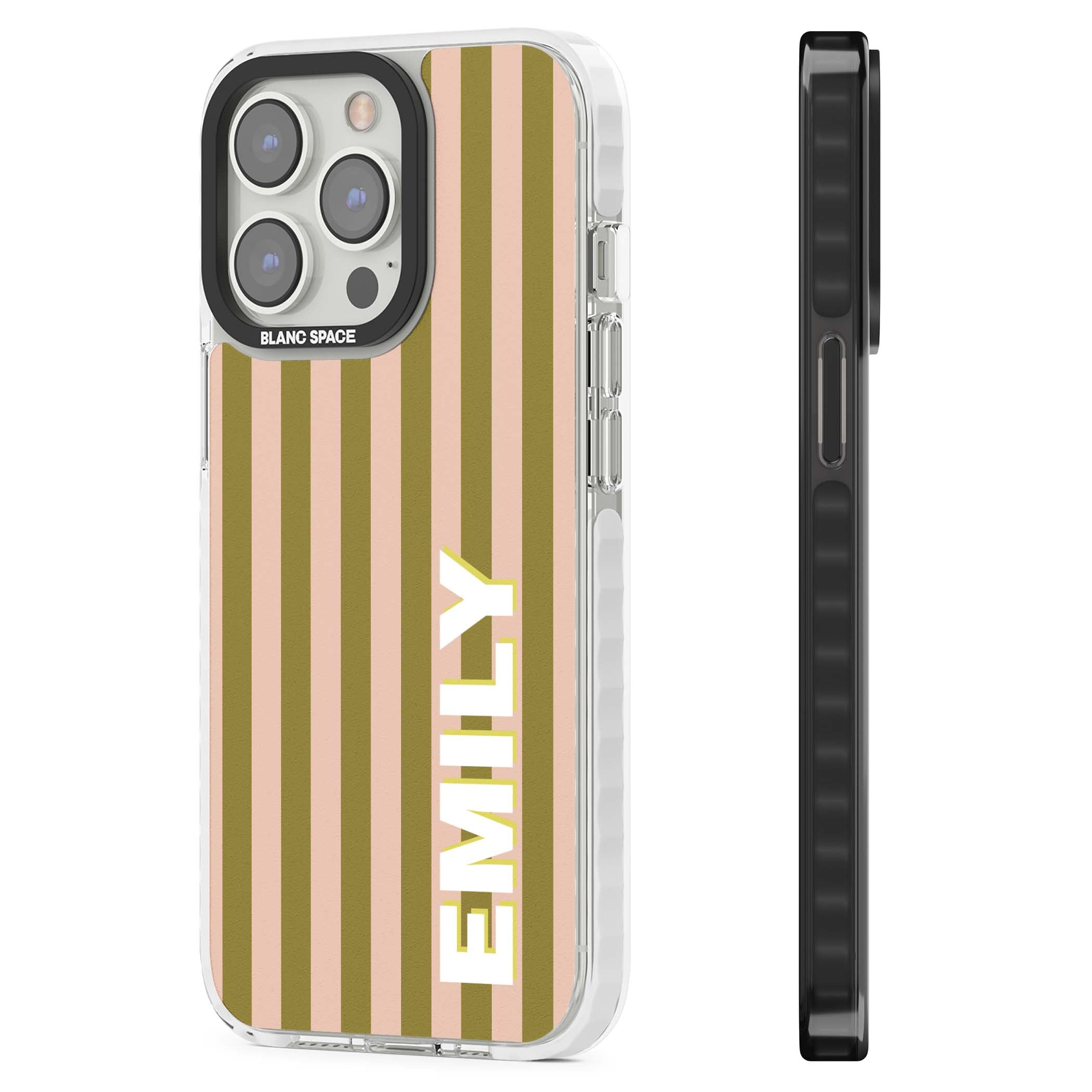 Indian Stripe personalised iPhone case featuring olive green and blush pink vertical stripes with custom name in whit | Impact Magsafe case for iPhone 13 Pro, iPhone 14 Pro, iPhone 15 Pro
