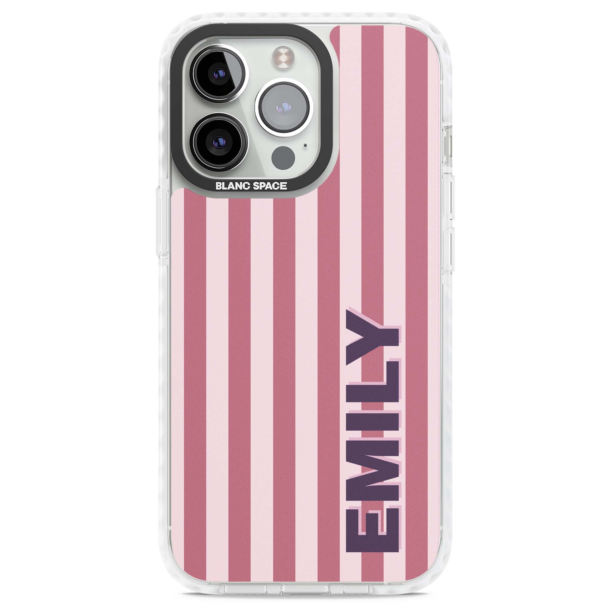 Victoria Stripe personalised iPhone case featuring pink vertical stripes and custom name in bold plum lettering | Impact Magsafe case for iPhone 13 Pro, iPhone 14 Pro, iPhone 15 Pro