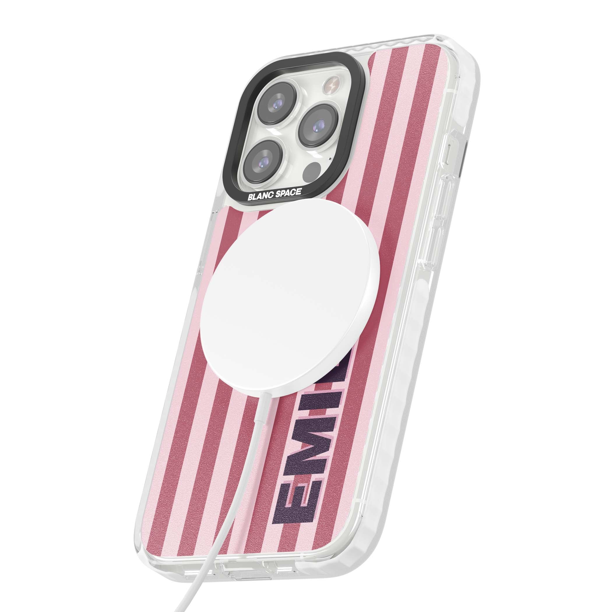 Victoria Stripe personalised iPhone case featuring pink vertical stripes and custom name in bold plum lettering | Impact Magsafe case for iPhone 13 Pro, iPhone 14 Pro, iPhone 15 Pro