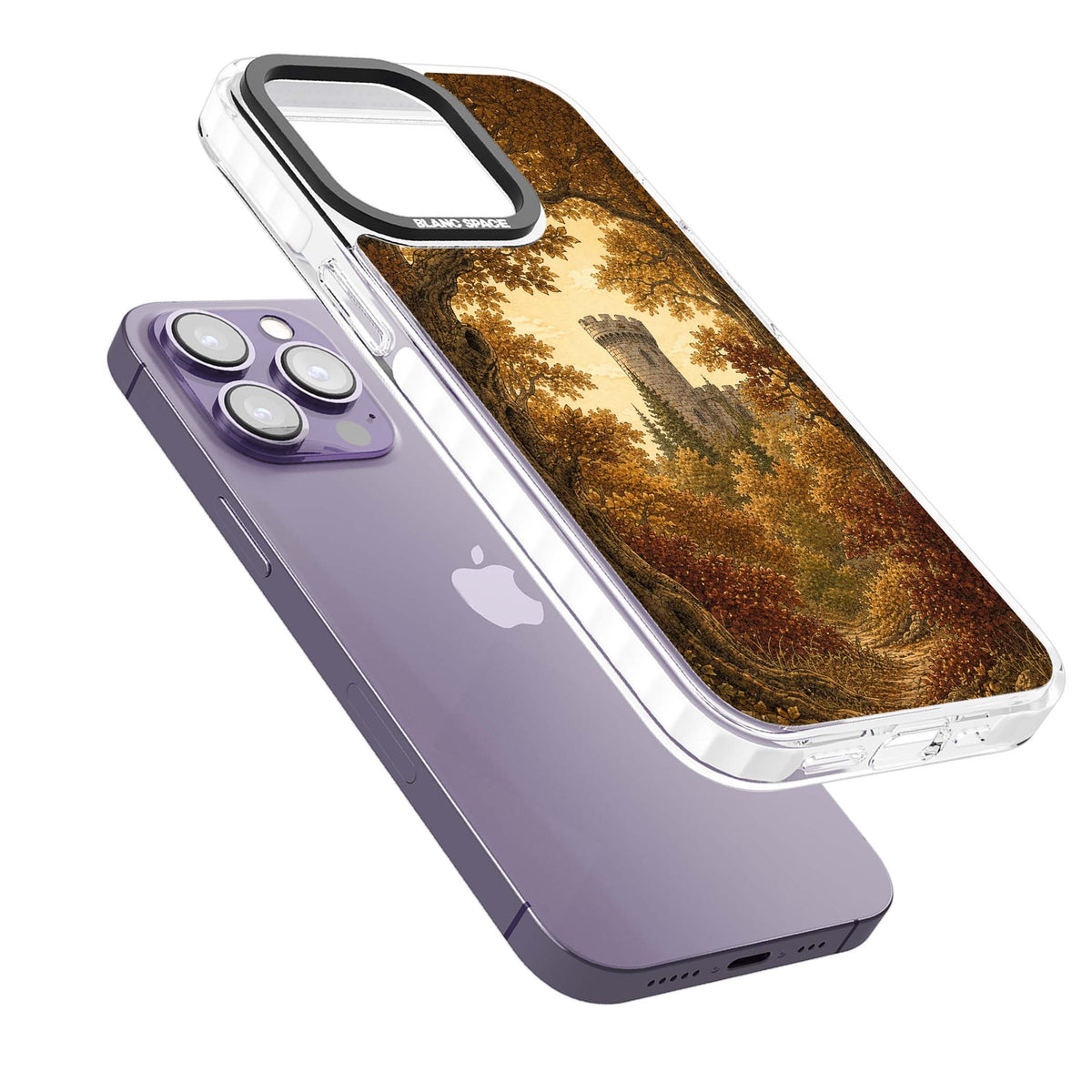Autumn Keep cottagecore iPhone case featuring a medieval castle tower framed by golden autumn trees and woodland foliage | Impact Magsafe case for iPhone 13 Pro, iPhone 14 Pro, iPhone 15 Pro
