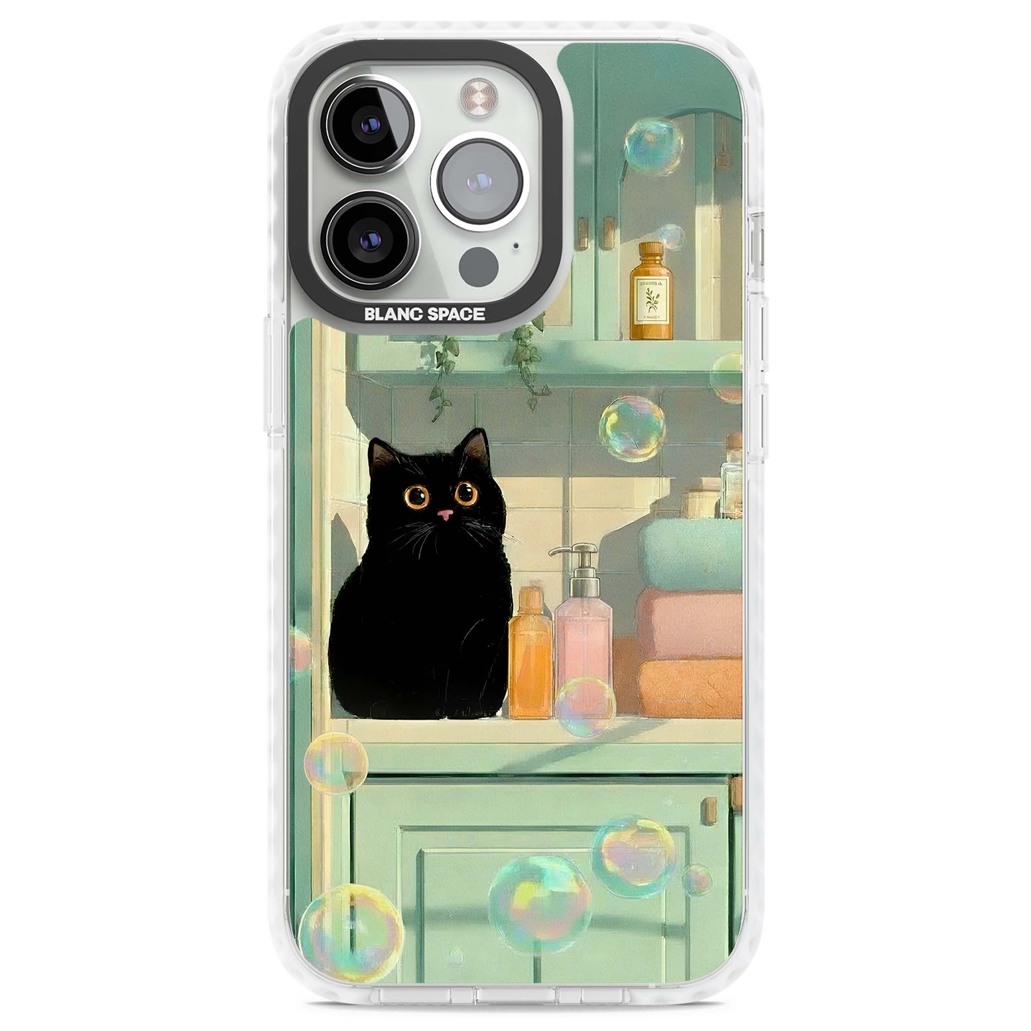 Bathroom Bubble Kitty cottagecore iPhone case featuring a black cat, mint bathroom scene and floating soap bubbles | Impact Magsafe case for iPhone 13 Pro, iPhone 14 Pro, iPhone 15 Pro